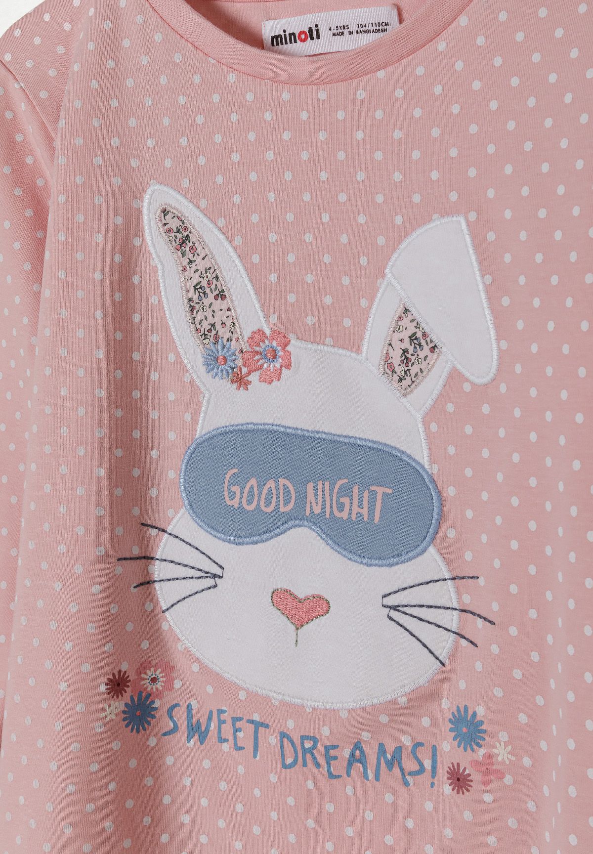 Pink and blue long pyjamas, rabbit graphic detail.