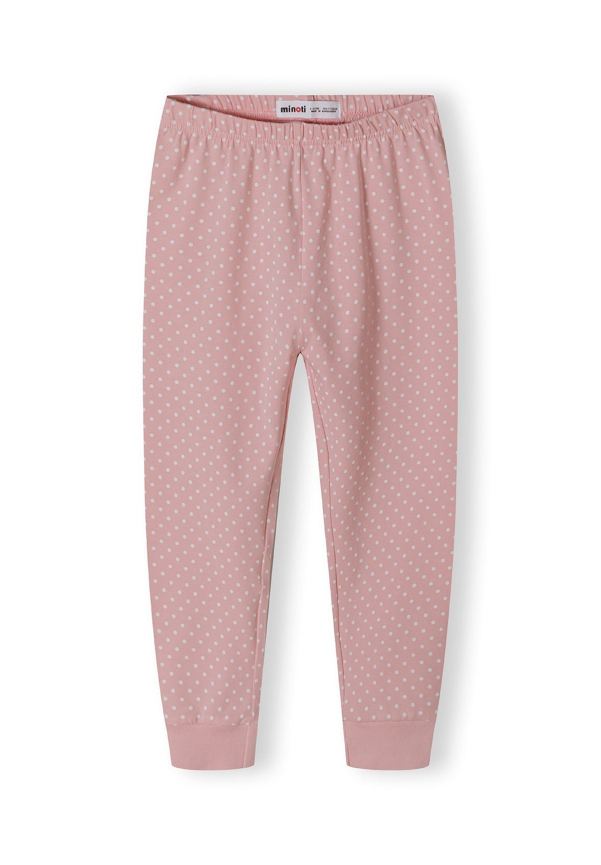 Detail of pink polka dot pyjama bottoms with elasticated waistband and ribbed cuffs.