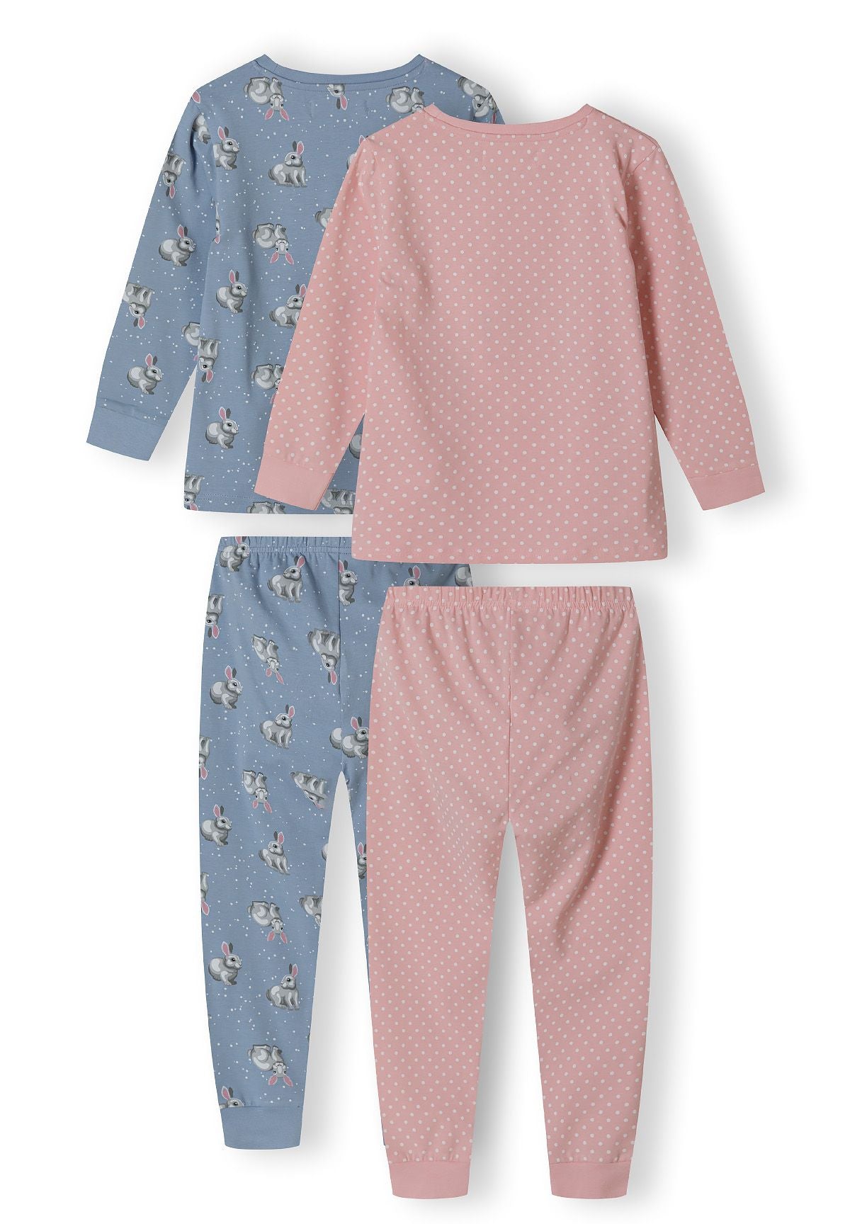 Two pack of girls long sleeve pyjamas in light blue and pink, featuring ribbed cuffs and playful patterns.