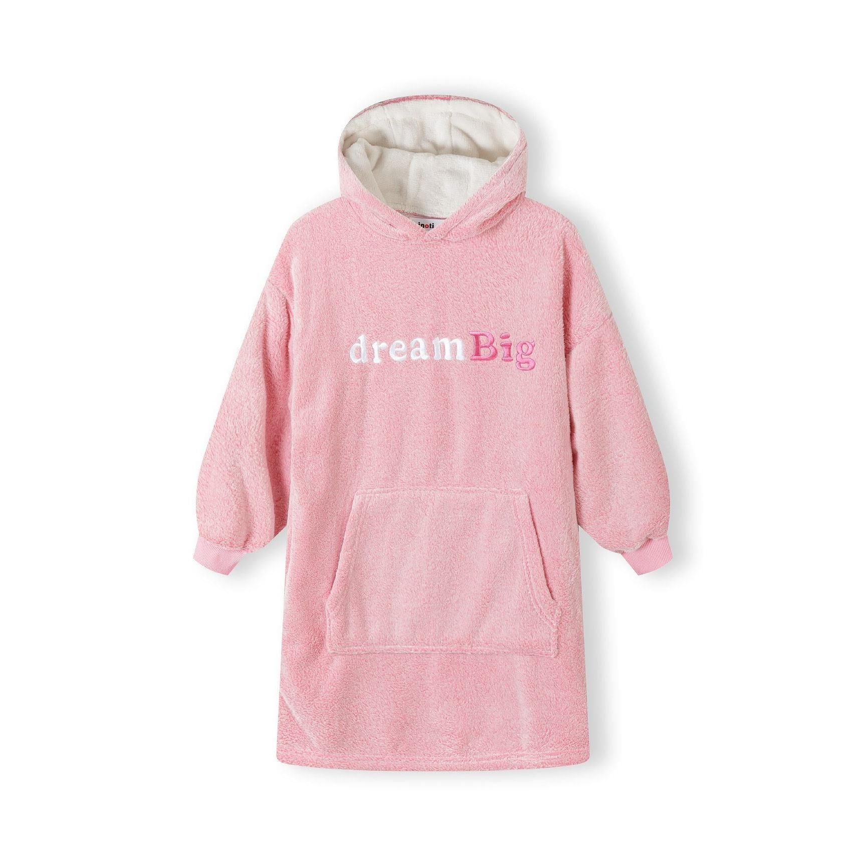 Back view of pink teddy fleece hoodie laid flat showing oversized fit and hood detail on white background