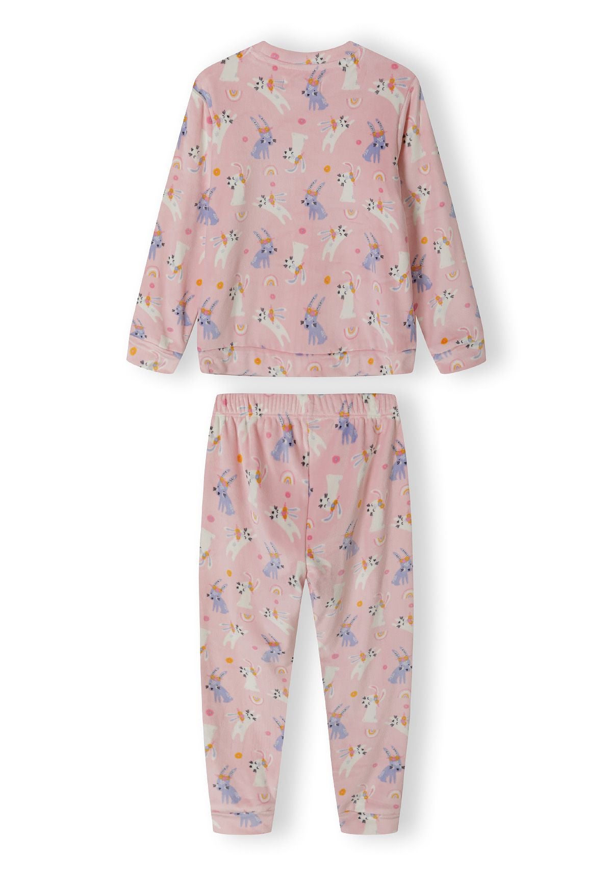 Girls long sleeve pyjama set in pink with playful animal print, featuring ribbed cuffs and elasticated waistband.