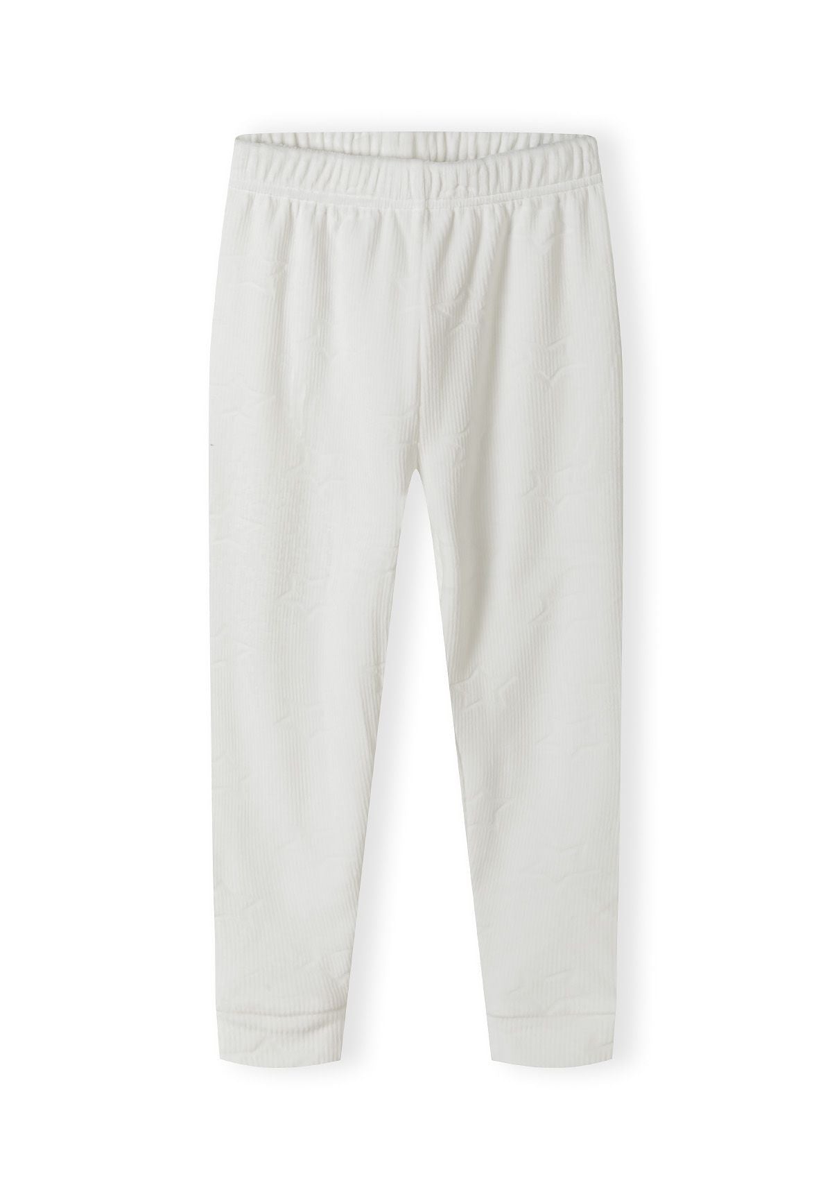 Detail of cream velour pyjama bottoms with elasticated waistband and ribbed cuffs.