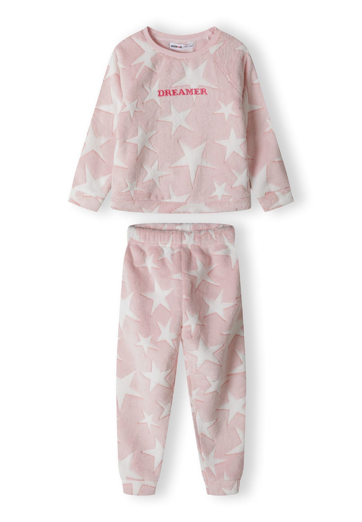 Pink and white fleece pyjamas, set front.