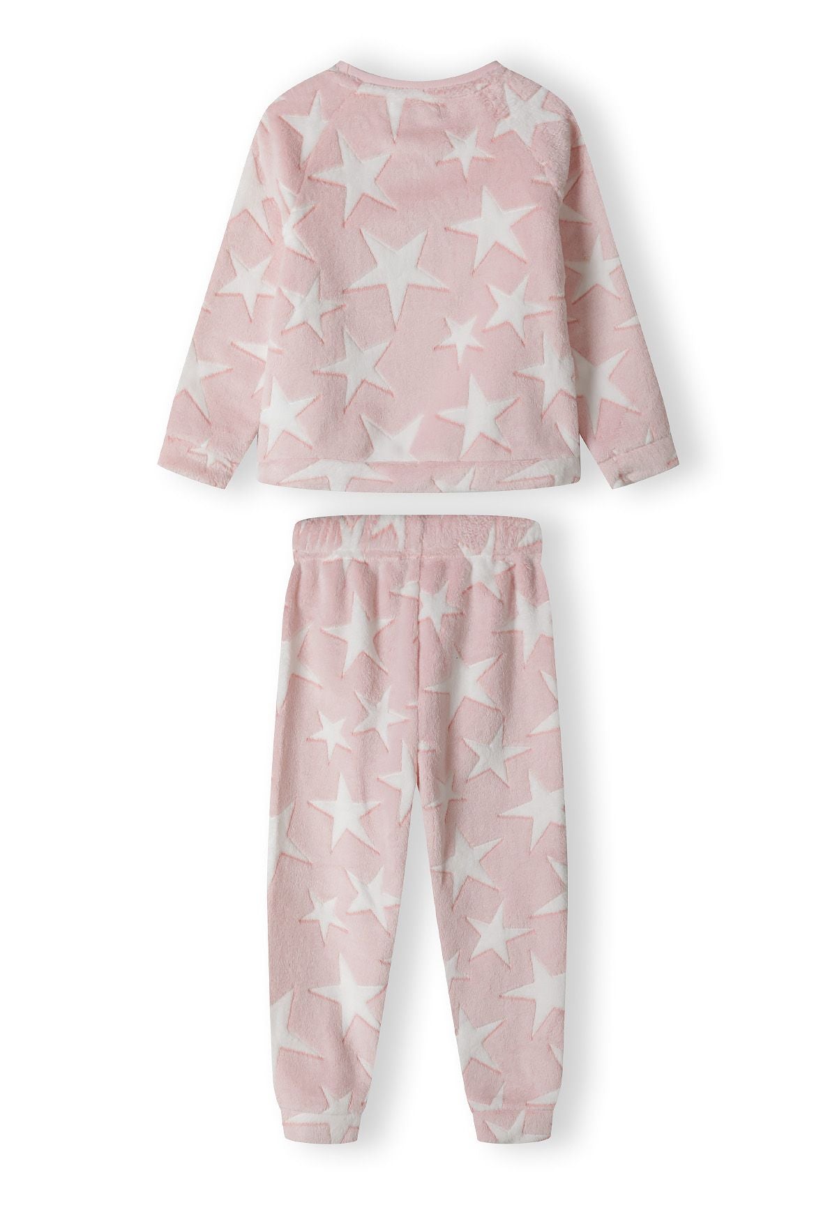 Pink and white fleece pyjamas, set back.