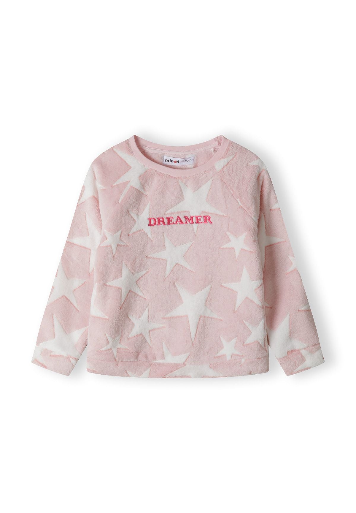 Pink and white fleece pyjamas, top front.