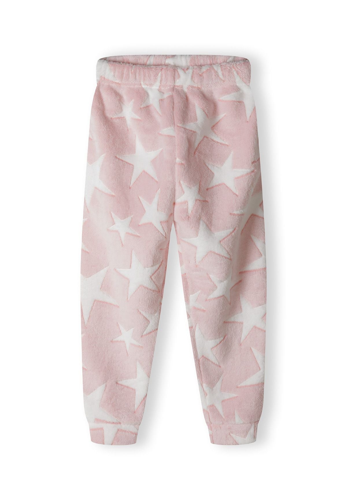 Pink and white fleece pyjamas, trousers front.