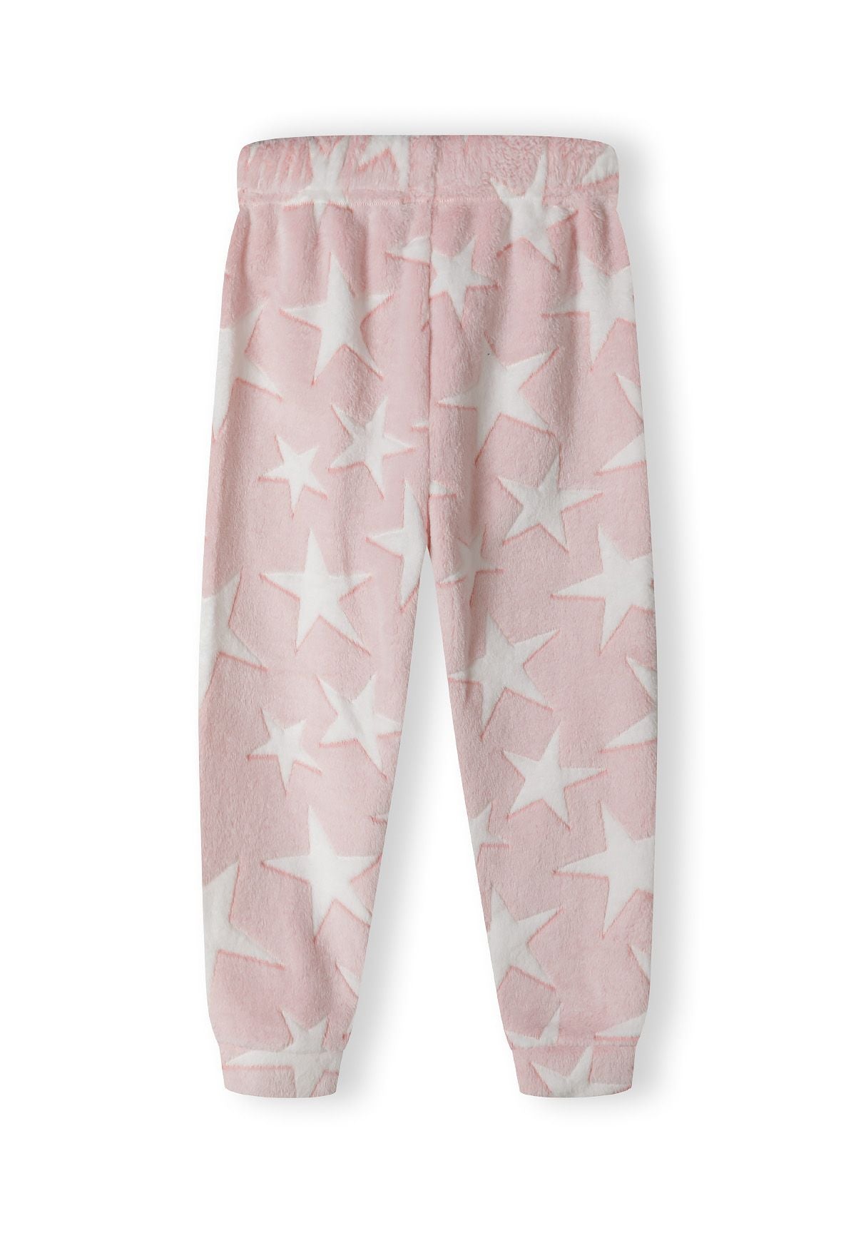 Girls pyjama bottoms in pink with white star pattern, front view.