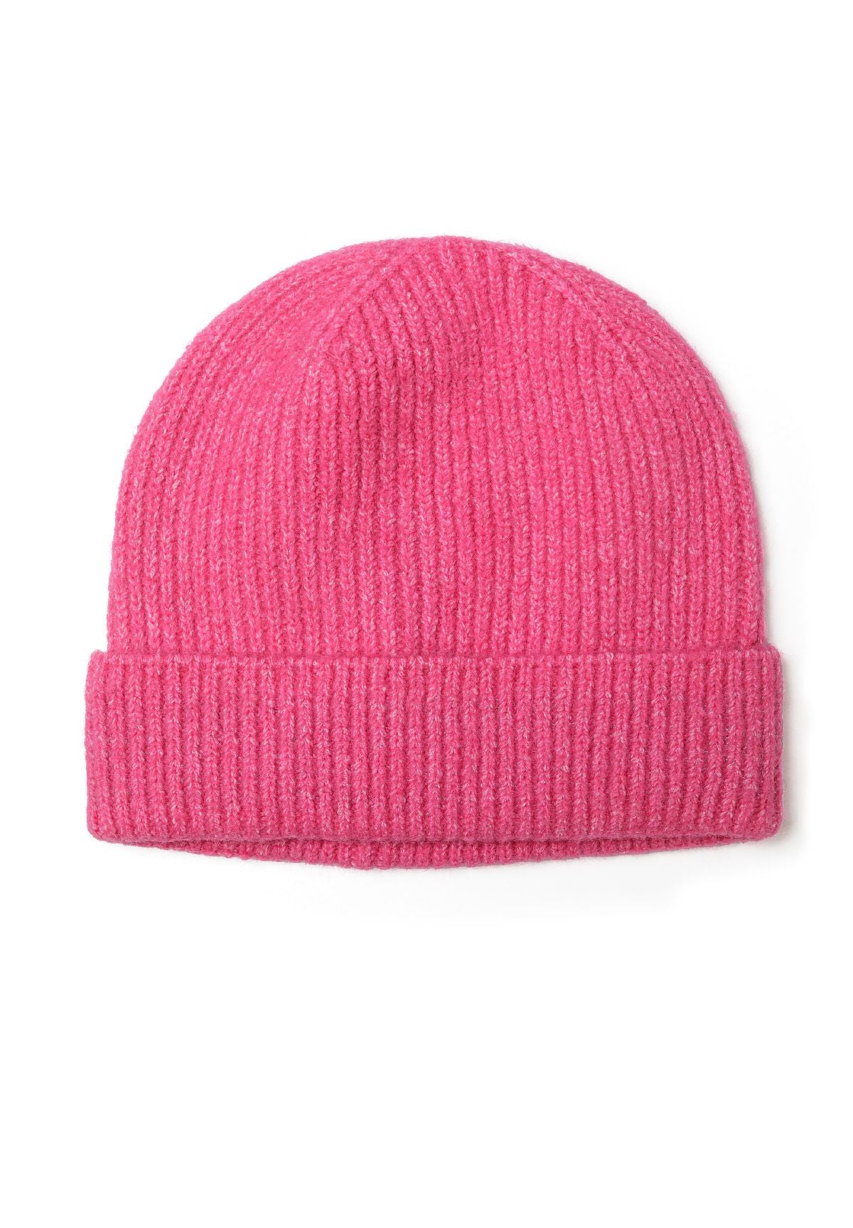 Pink knitted beanie for girls with ribbed edge and reflective detail, front view.