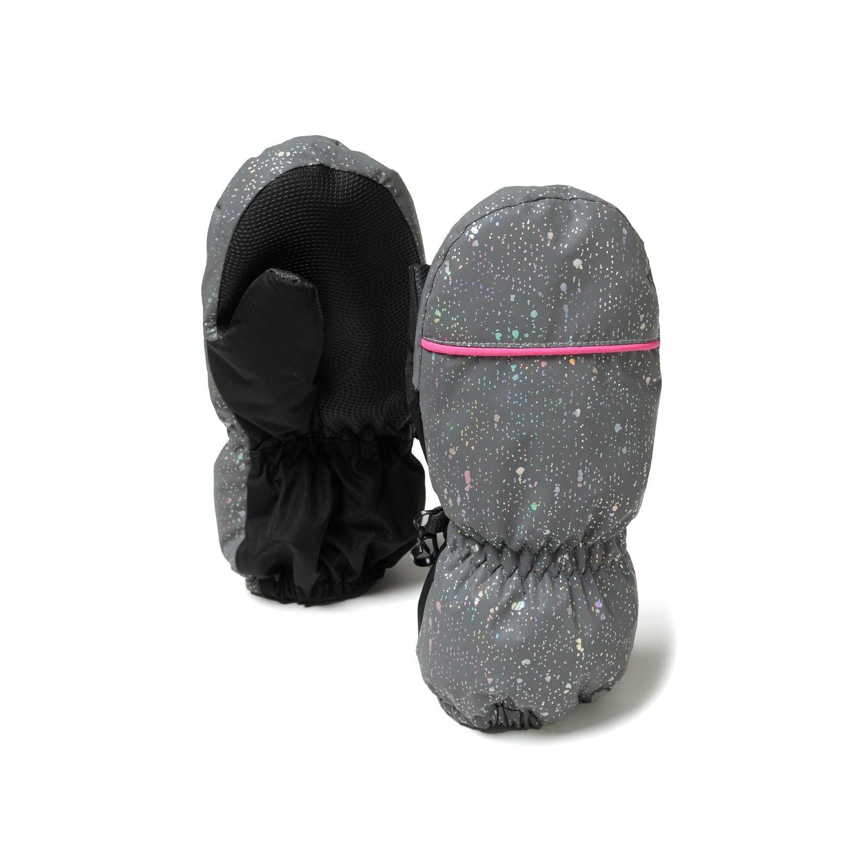 Pair of silver ski mittens with sparkly finish and pink trim, displaying both exterior views with elastic cuffs and drawstrings