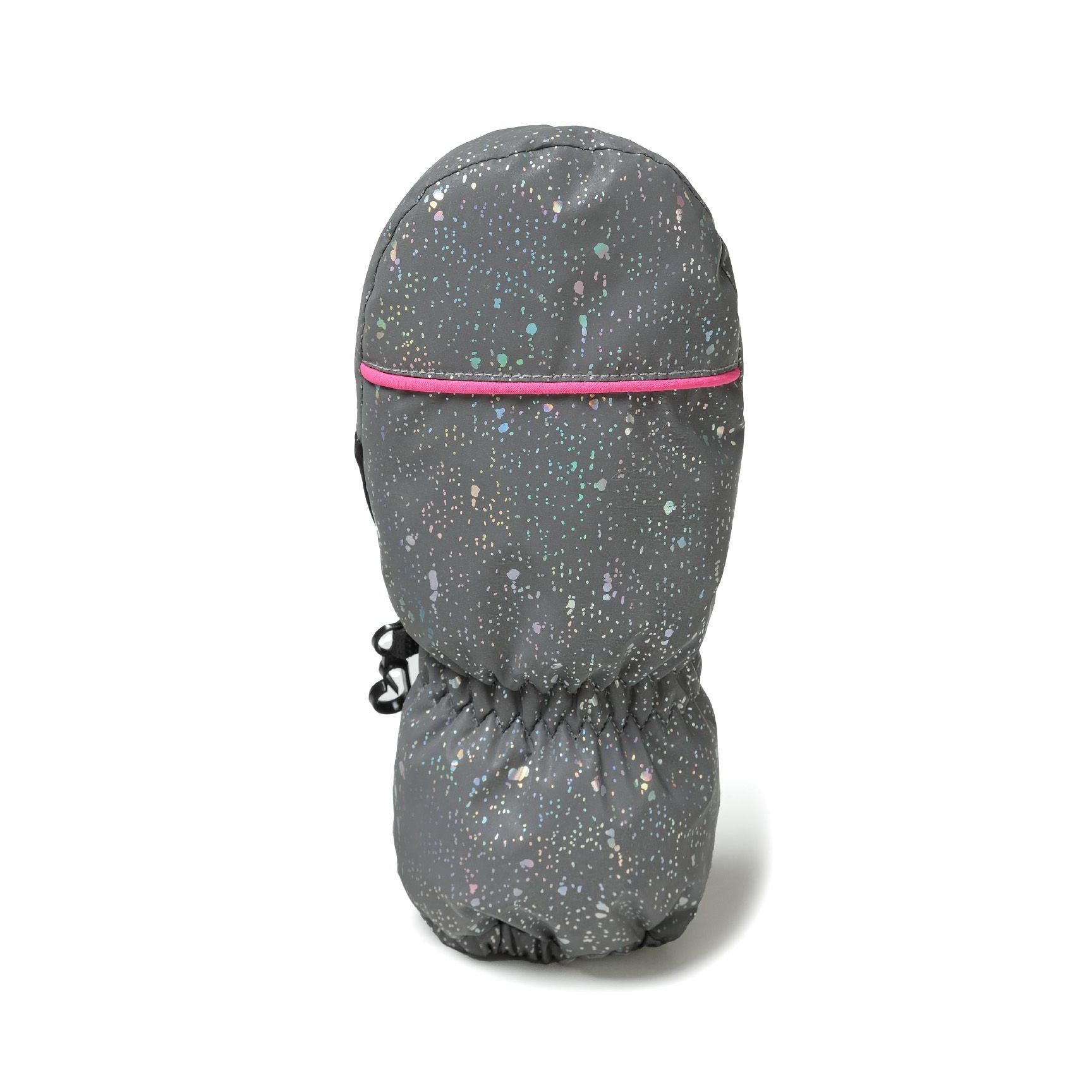 Silver ski mittens laid flat showing front exterior view and interior black mesh lining with gathered elastic cuffs