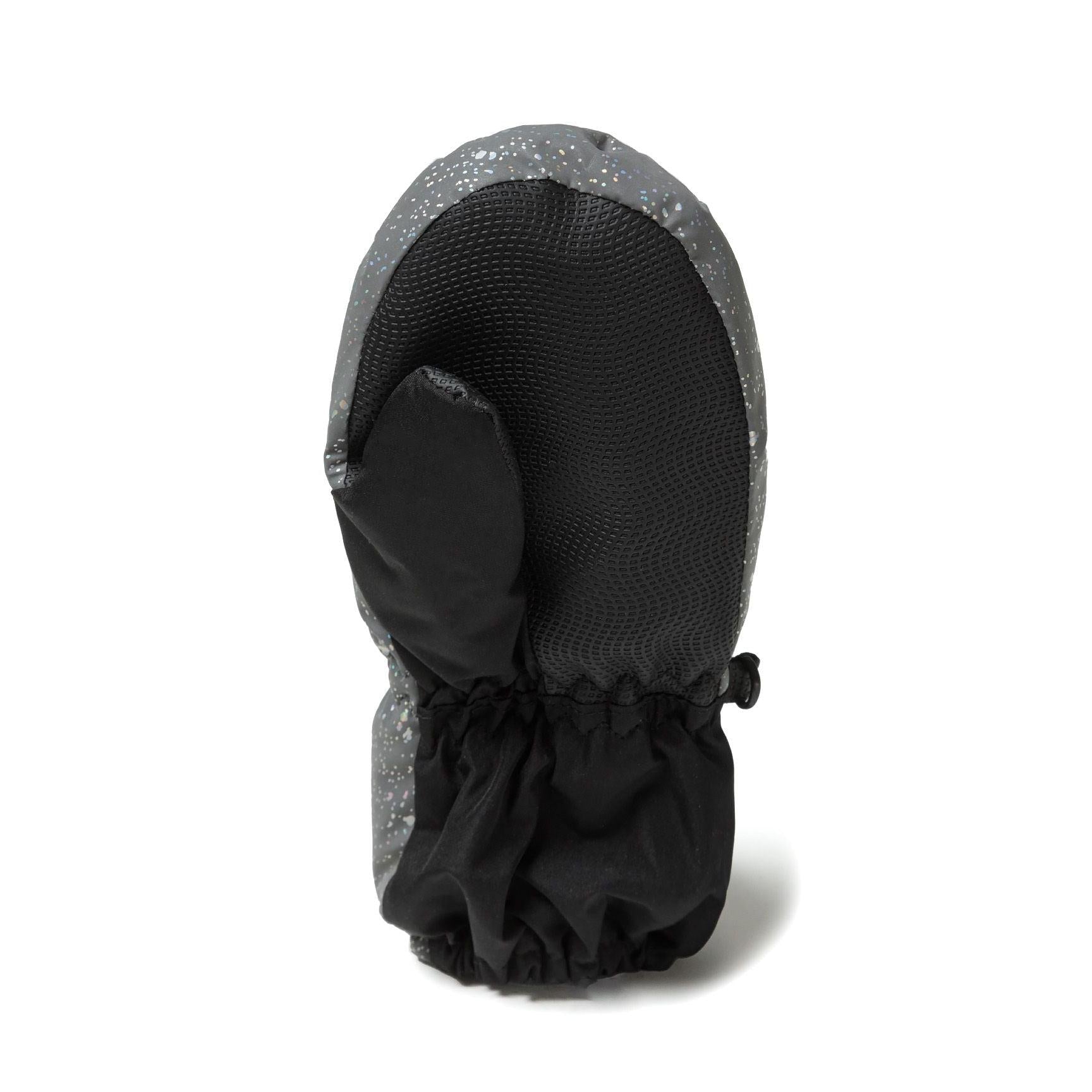 Silver ski mittens laid flat showing front exterior view and interior black mesh lining with gathered elastic cuffs