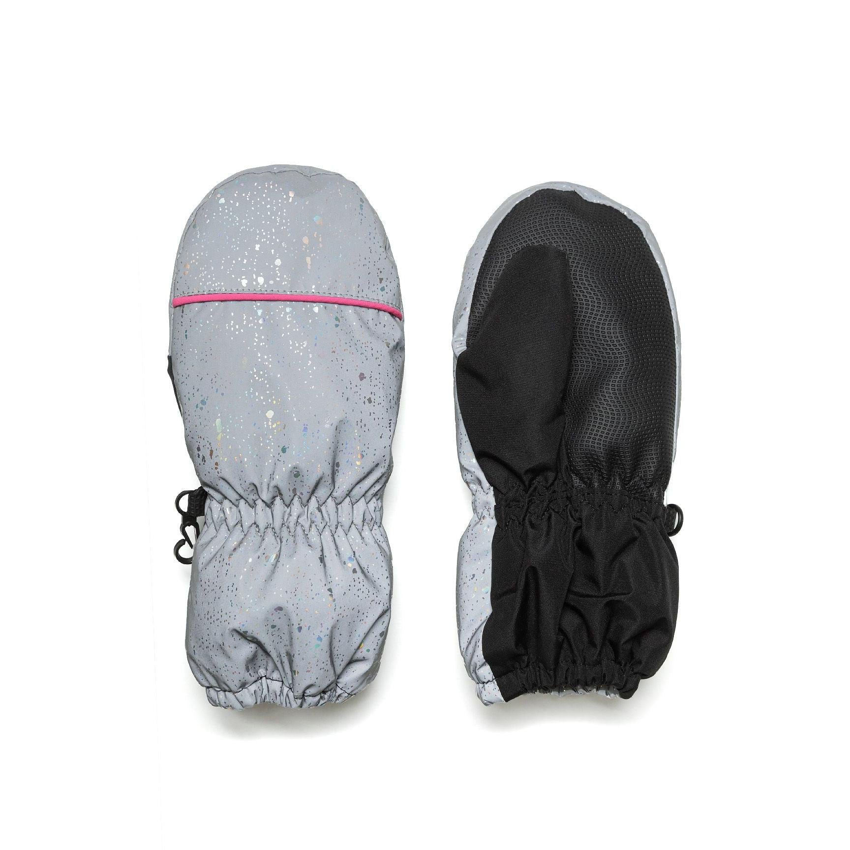 Silver ski mittens laid flat showing front exterior view and interior black mesh lining with gathered elastic cuffs
