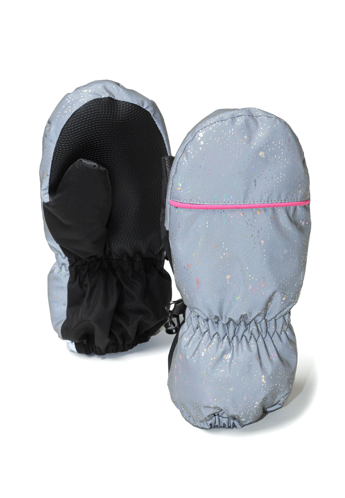 Girls ski mitts in silver with contrast detailing, close-up view.