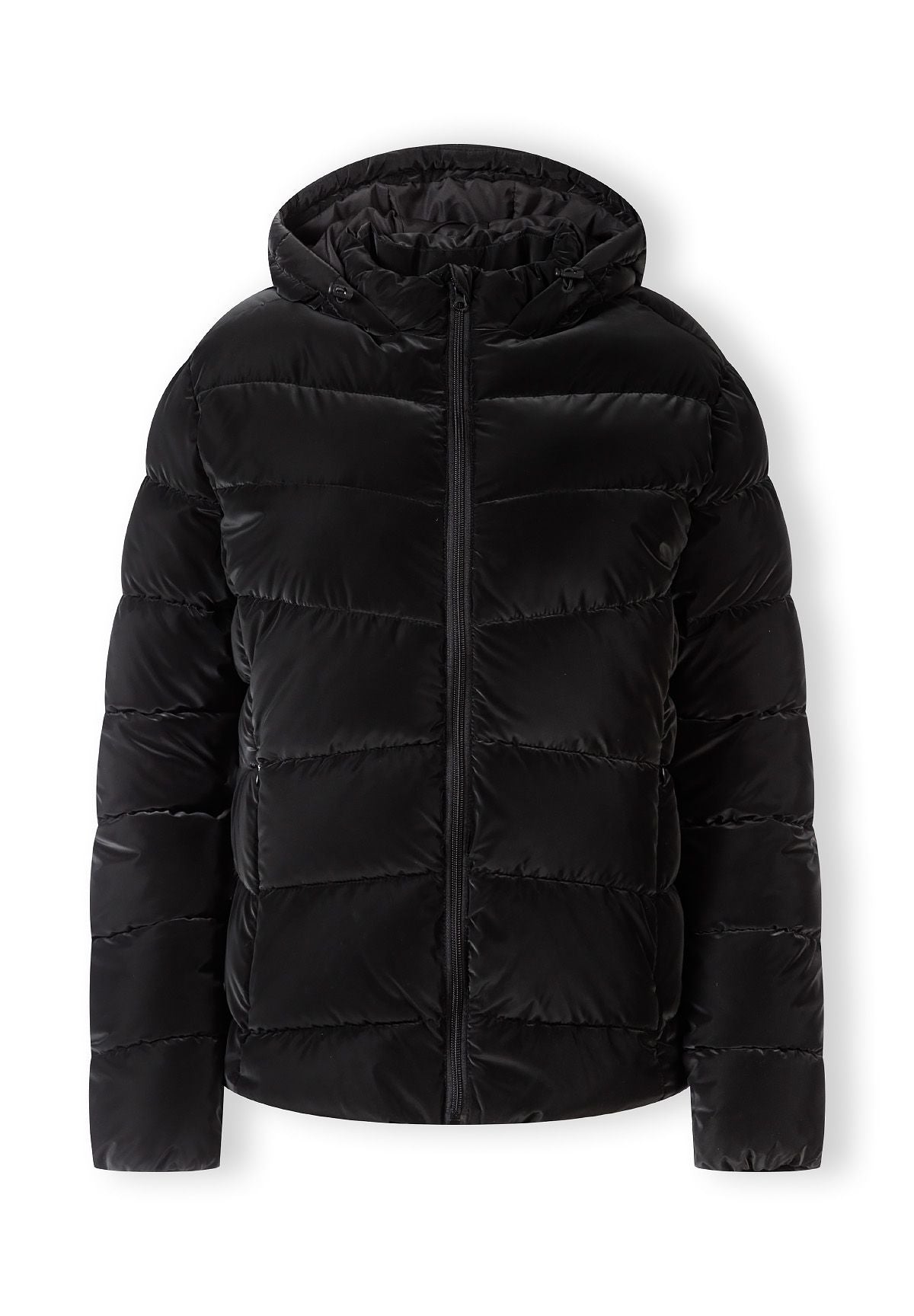 Front of a black puffer jacket.