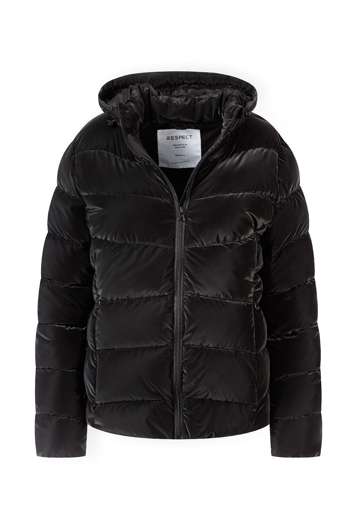 Front view of a black padded women's jacket with a hood and front zip.