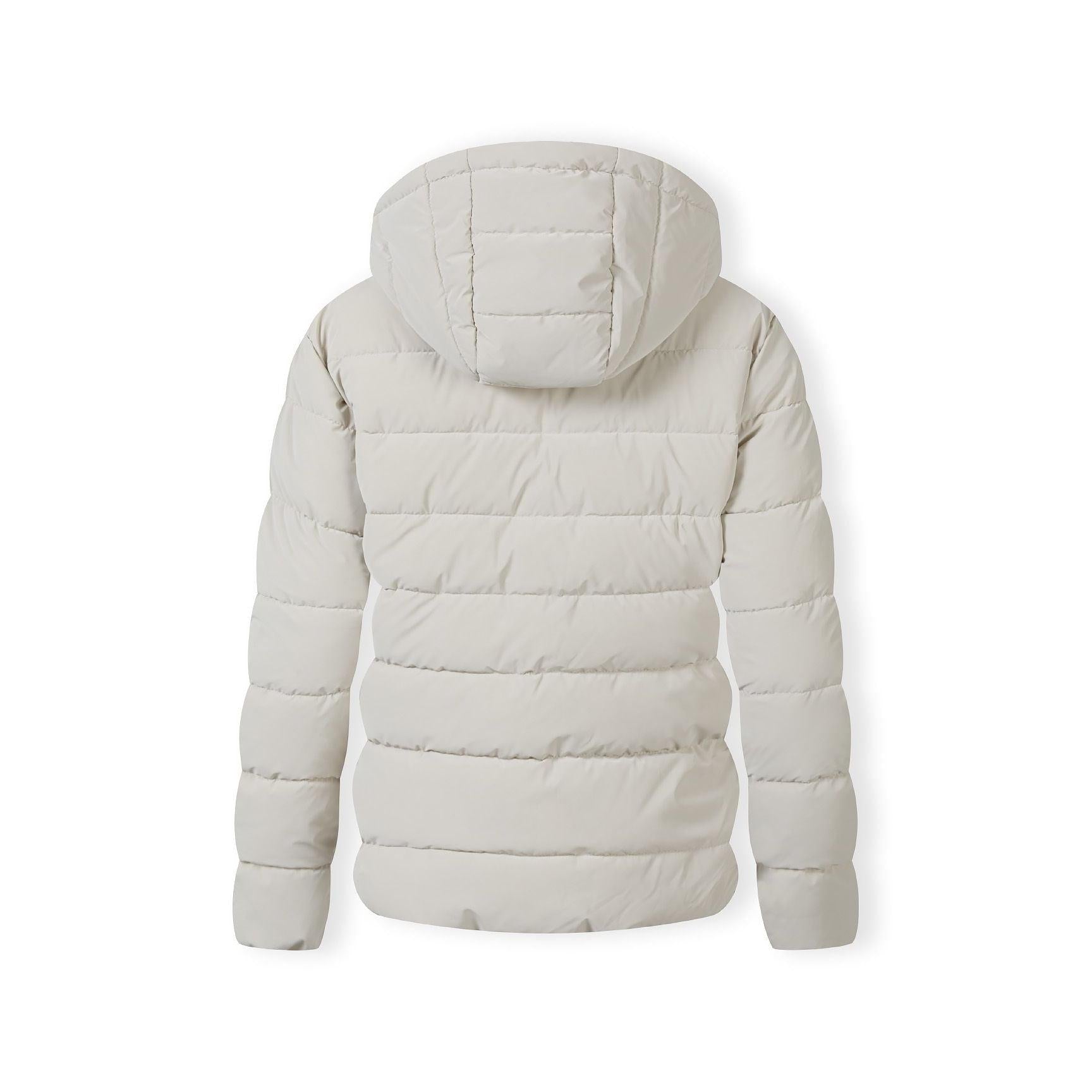 Front view of cream padded jacket showing Respect brand label inside collar area