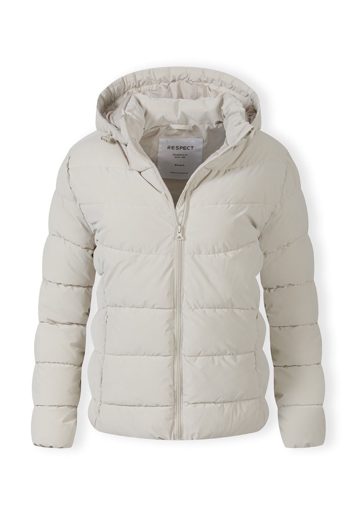 Front view of a women's padded jacket in light grey with a hood and full-length zip.