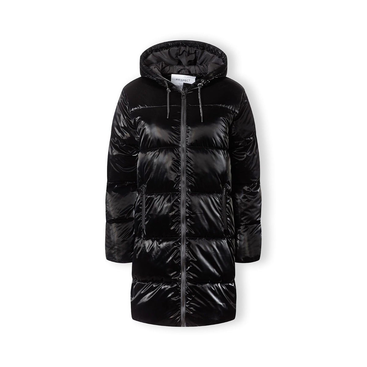Women's long puffer coat in black — complete product view for square Shop card
