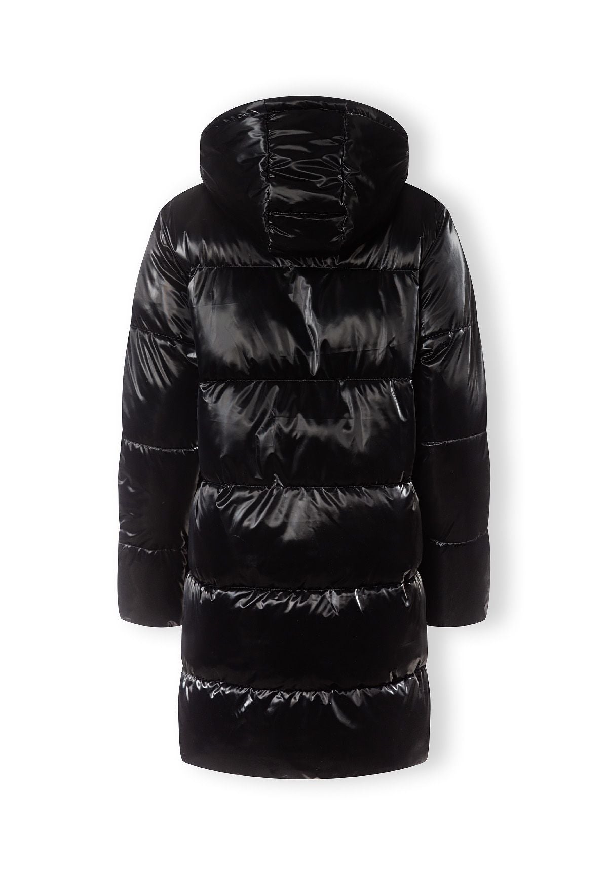 Back of a black long puffer coat.