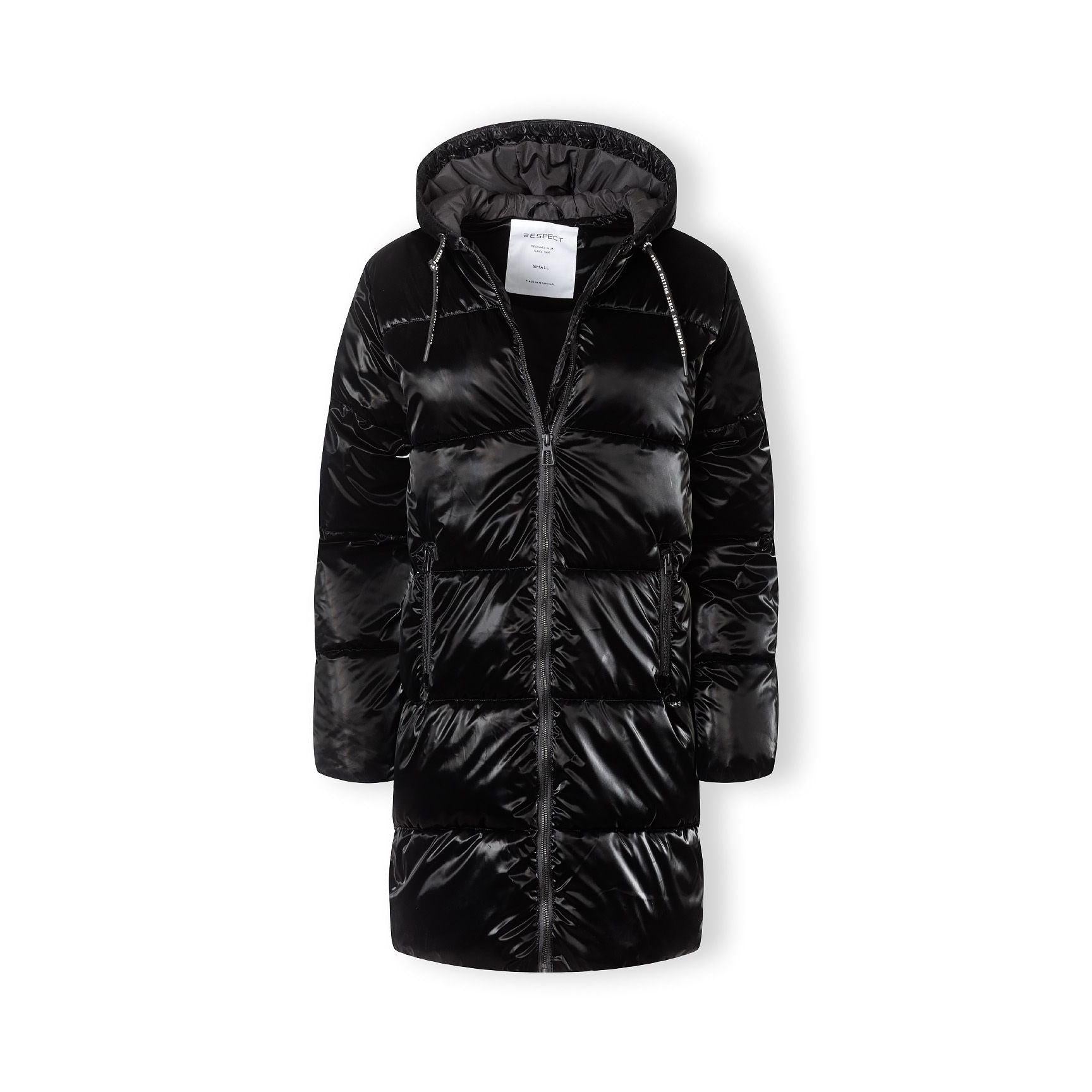 Front view of black midi-length puffer jacket showing full zip closure and hood details