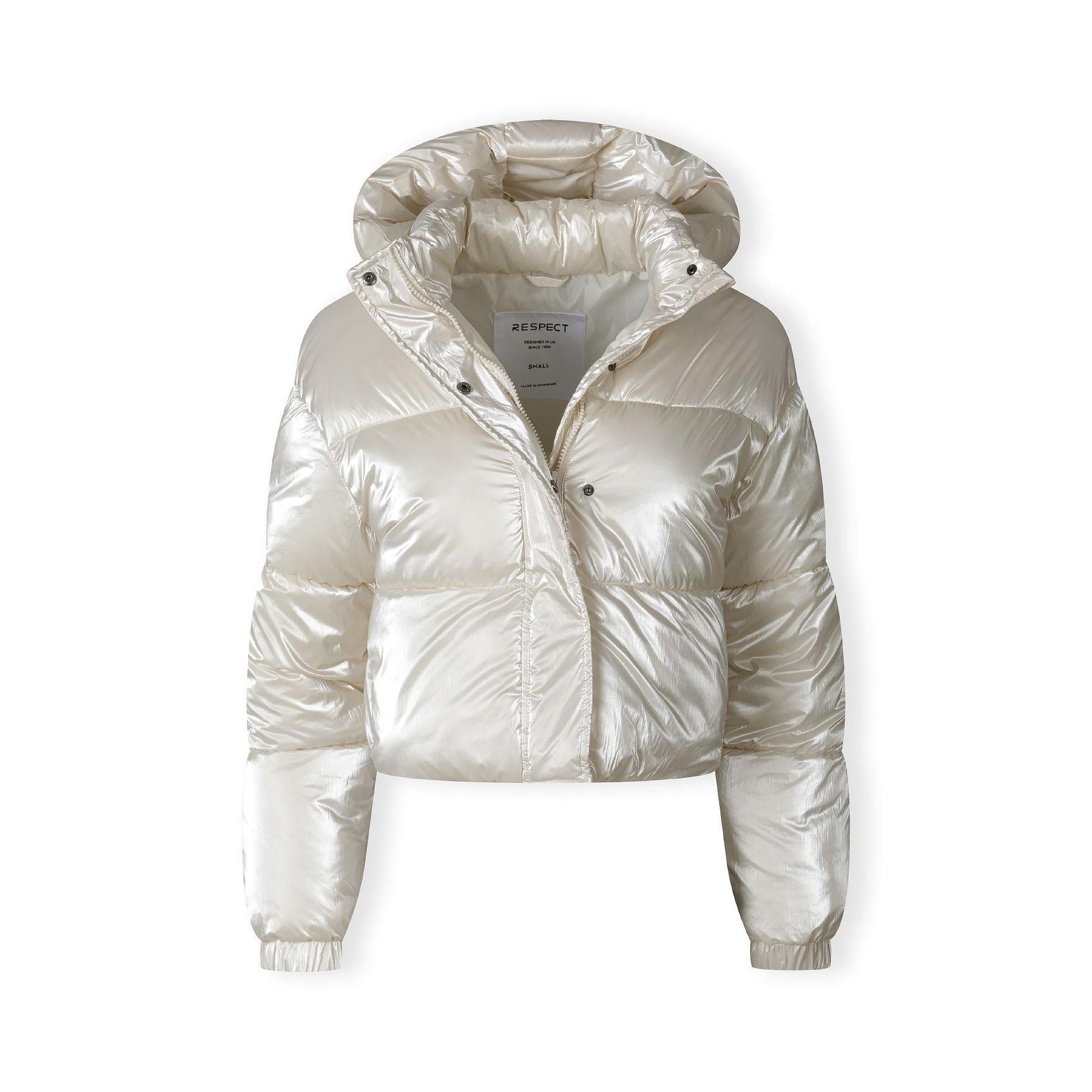Front view of cream metallic padded jacket showing Respect brand label inside collar and zip detail
