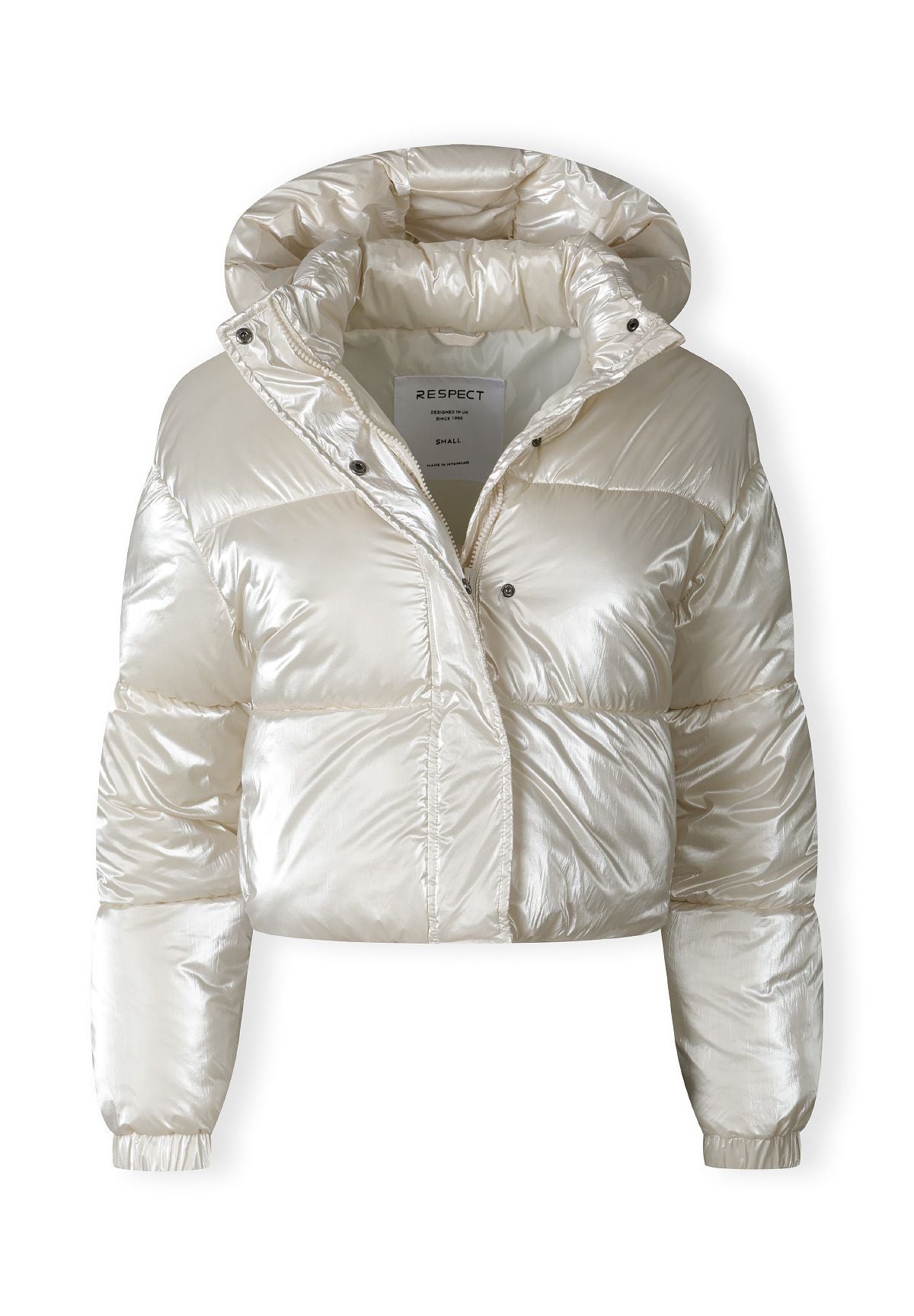 Cropped metallic padded jacket in cream with stand collar and hood, front zip closure.
