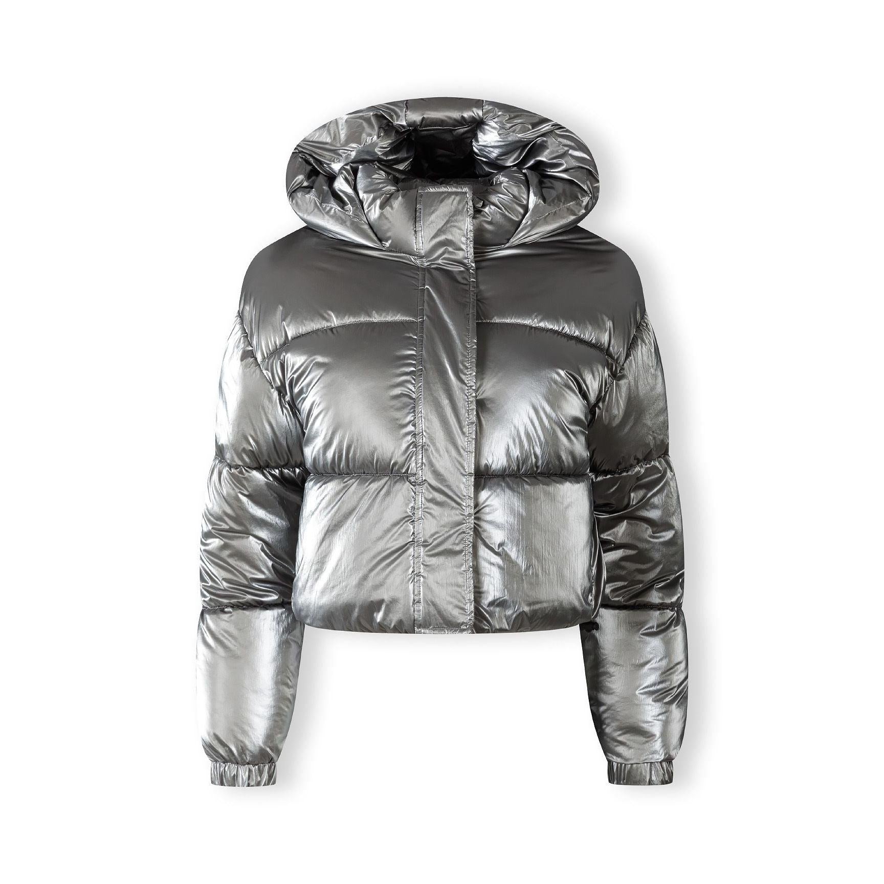Front view of metallic silver cropped padded jacket with hood on white background