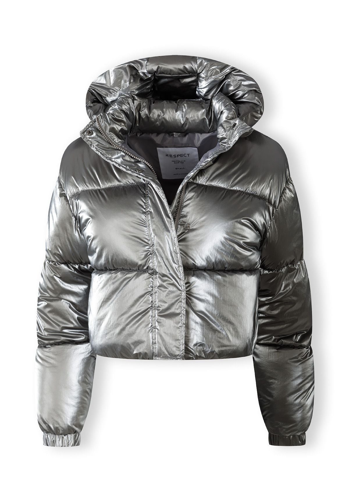 Cropped metallic padded jacket in shiny grey, front view, features hood and zip closure.