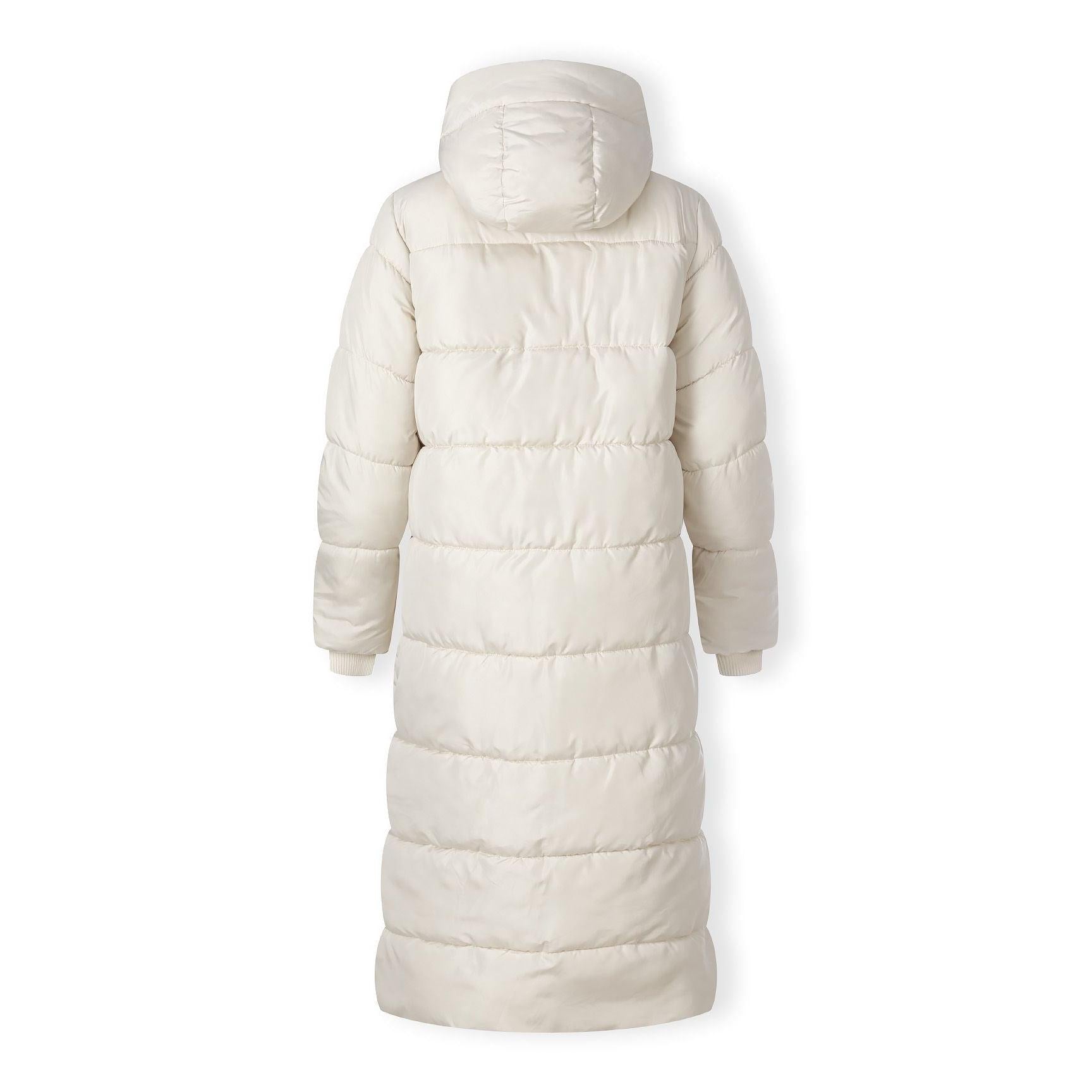 Open cream puffer jacket showing inner lining and Minoti label with hood detail