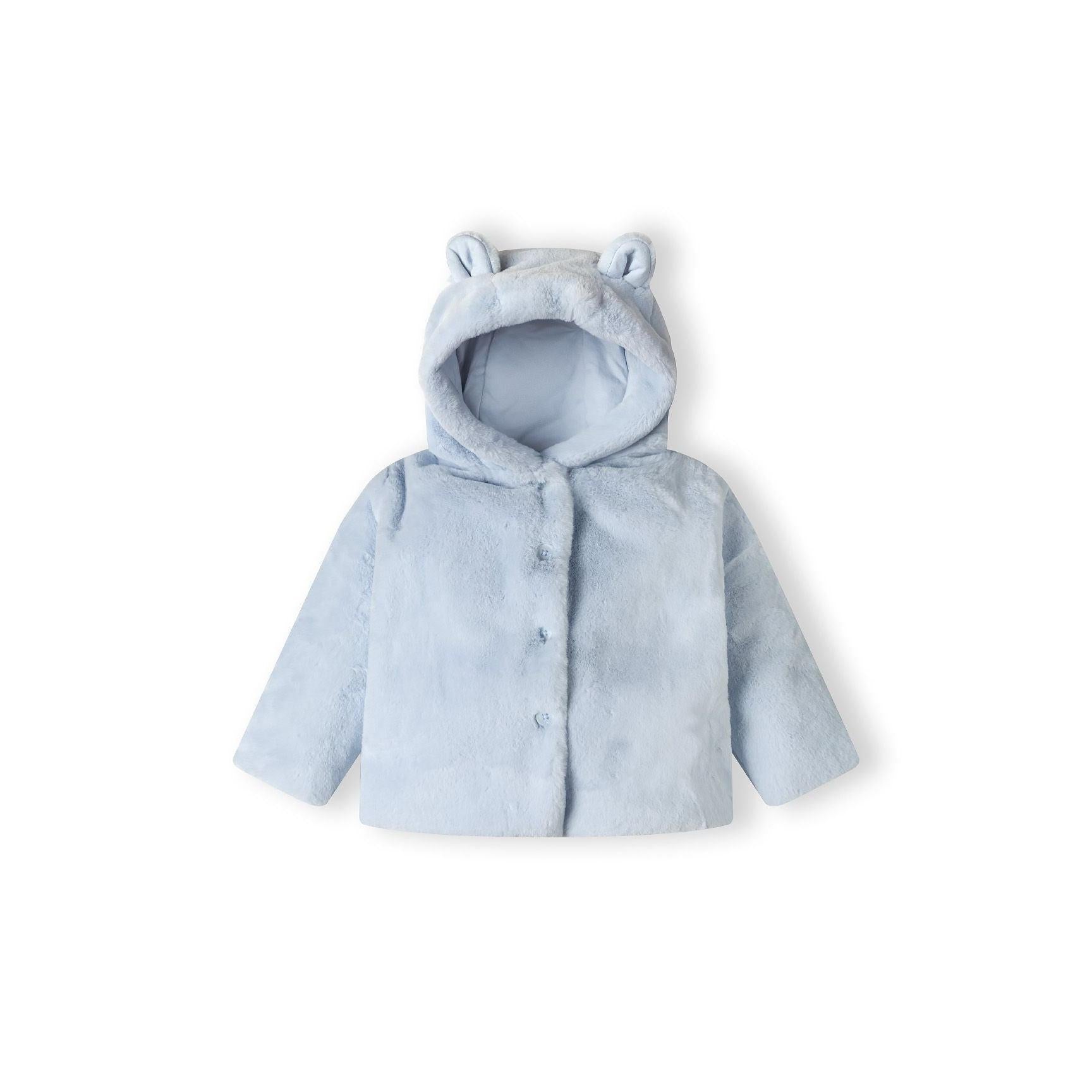 Back view of light blue plush faux fur baby jacket with hood featuring 3D ears, laid flat on white background