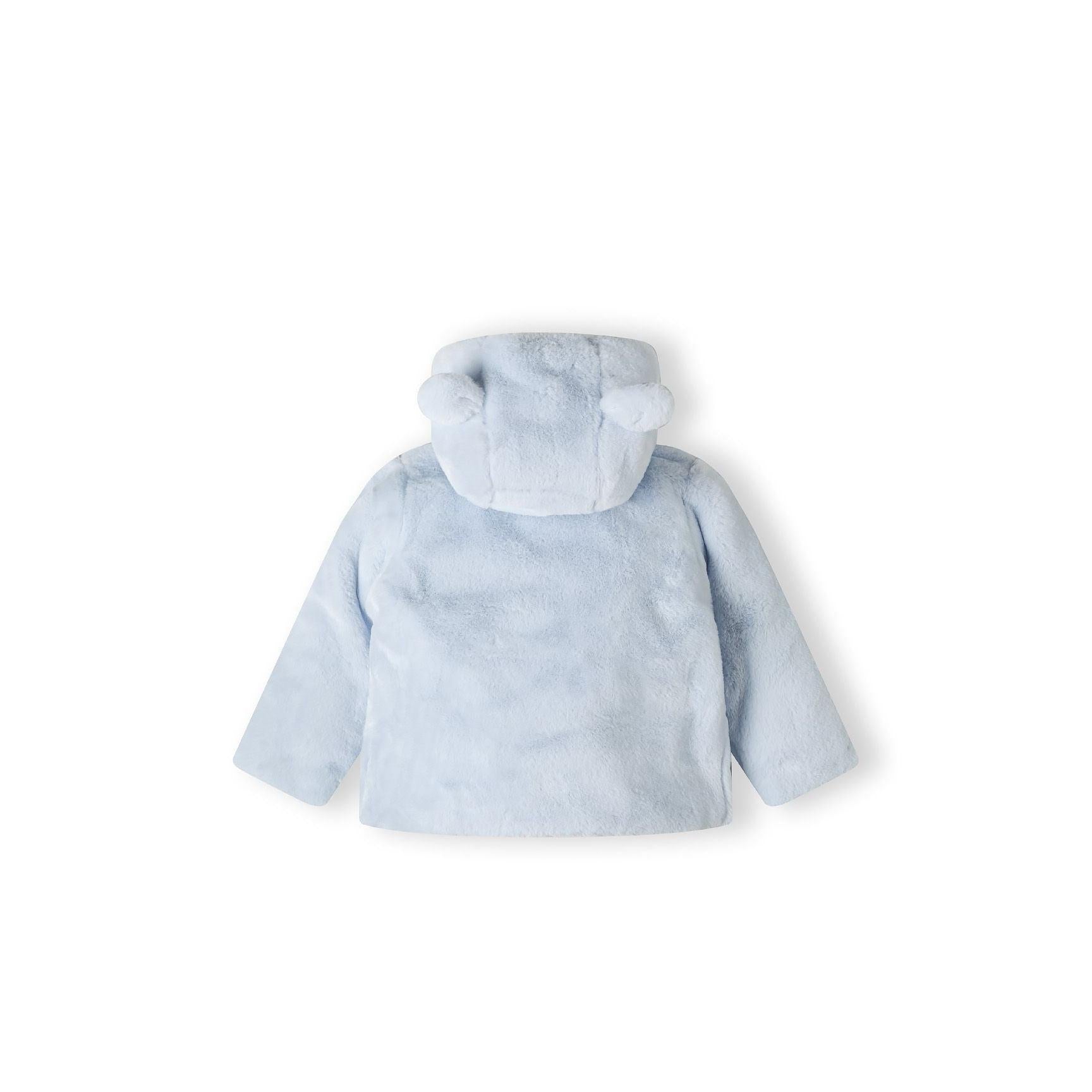 Back view of light blue plush faux fur baby jacket with hood featuring 3D ears, laid flat on white background