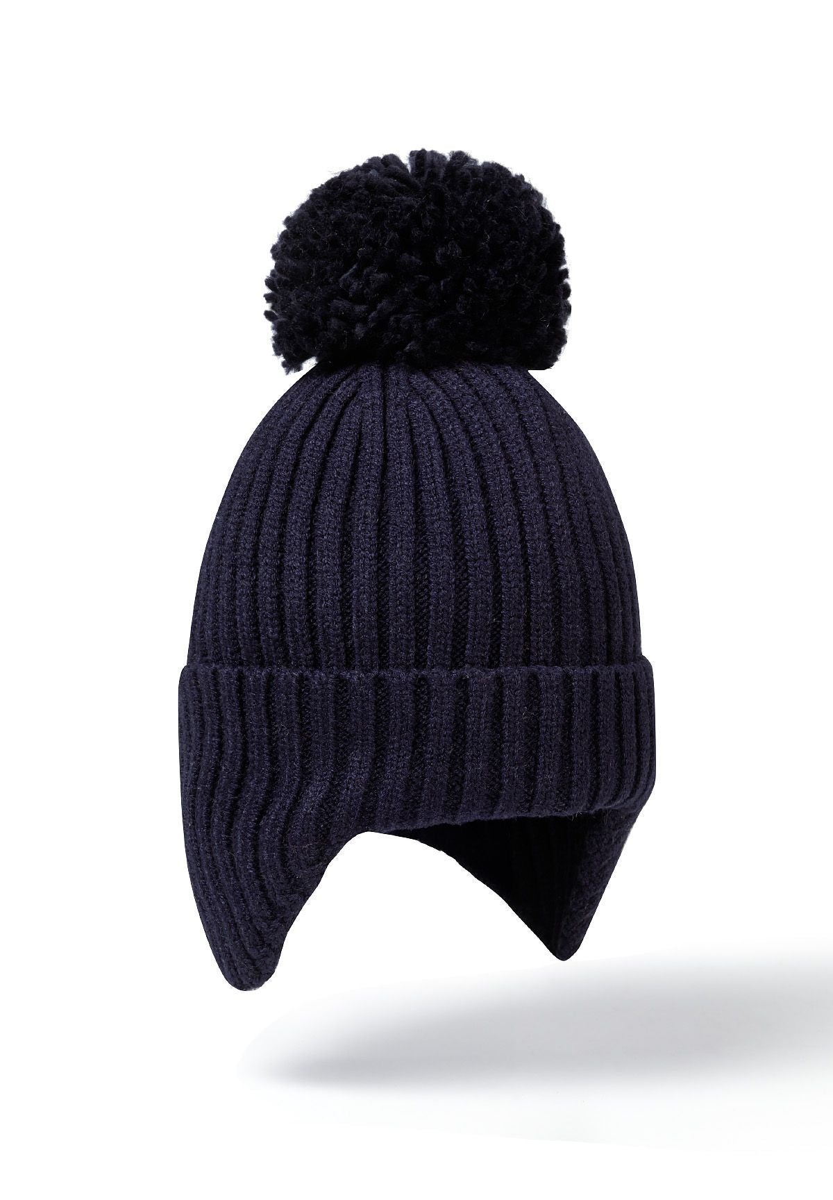Navy bobble hat with ear flaps, front.
