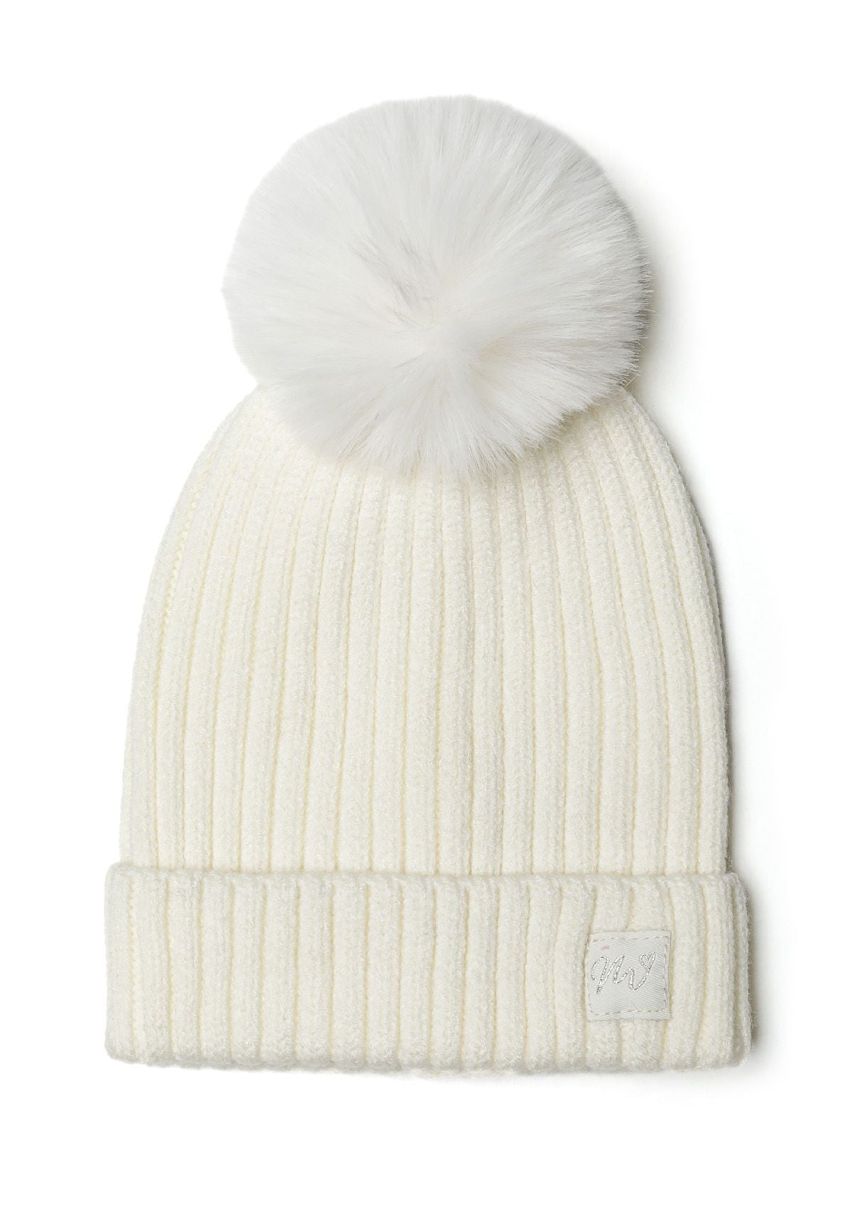 Cream ribbed bobble hat, front.