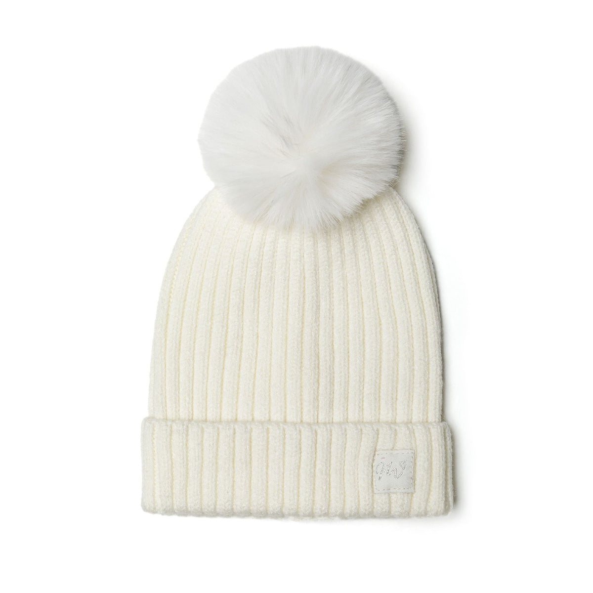Kids' ribbed bobble hat in cream — complete product view for square Shop card
