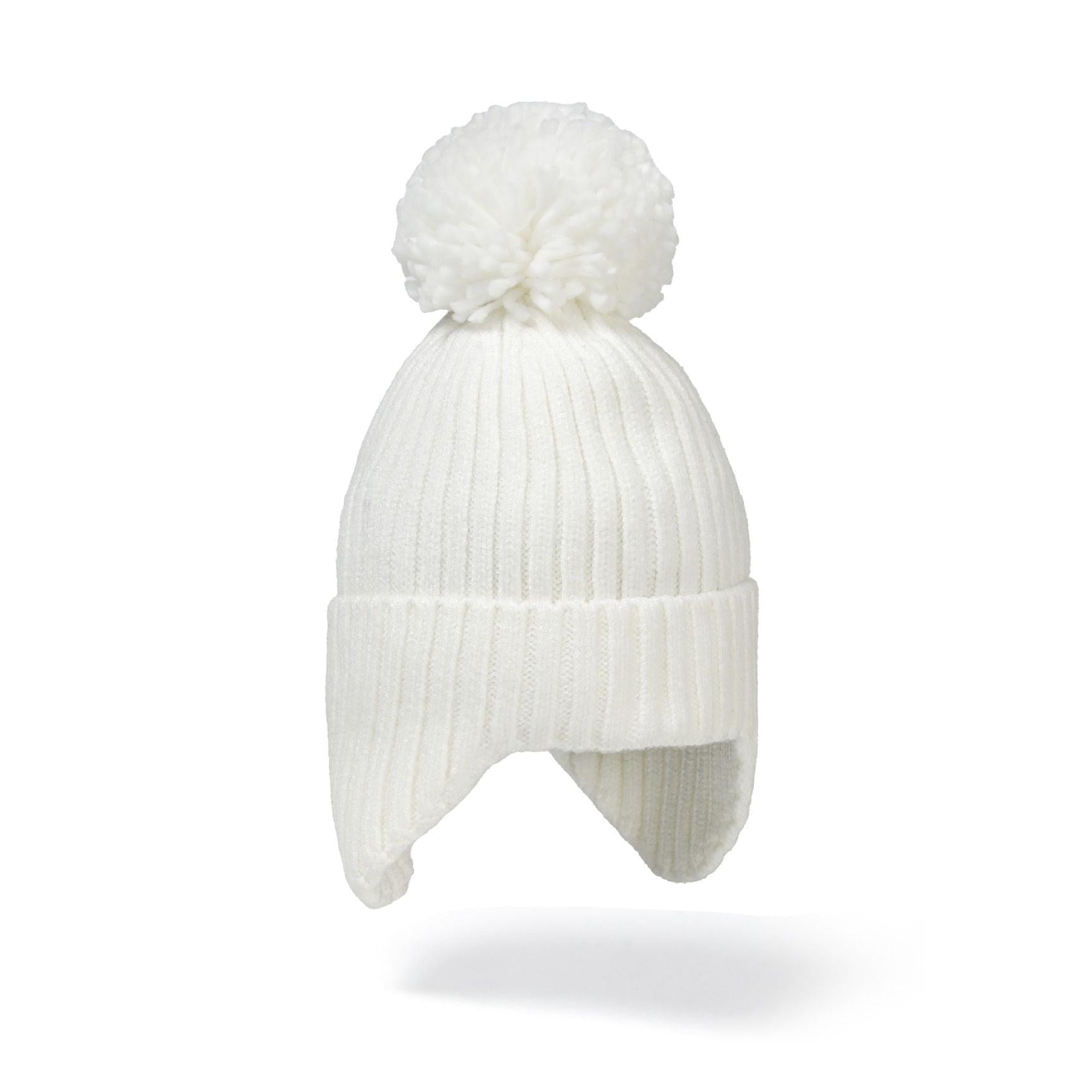 Cream knitted baby hat with ear flaps and large pom pom on top, shown against white background with subtle shadow
