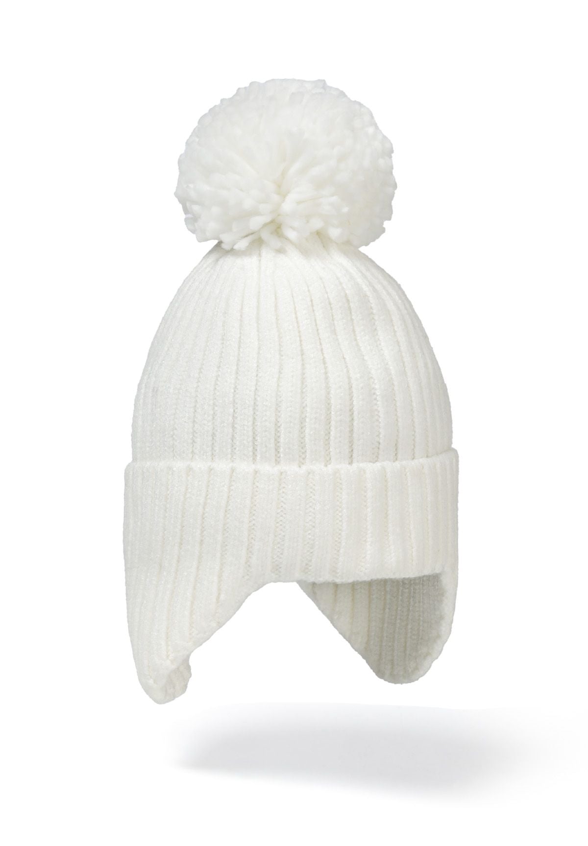 Knitted baby hat in cream with ear pieces and pom pom, front view.