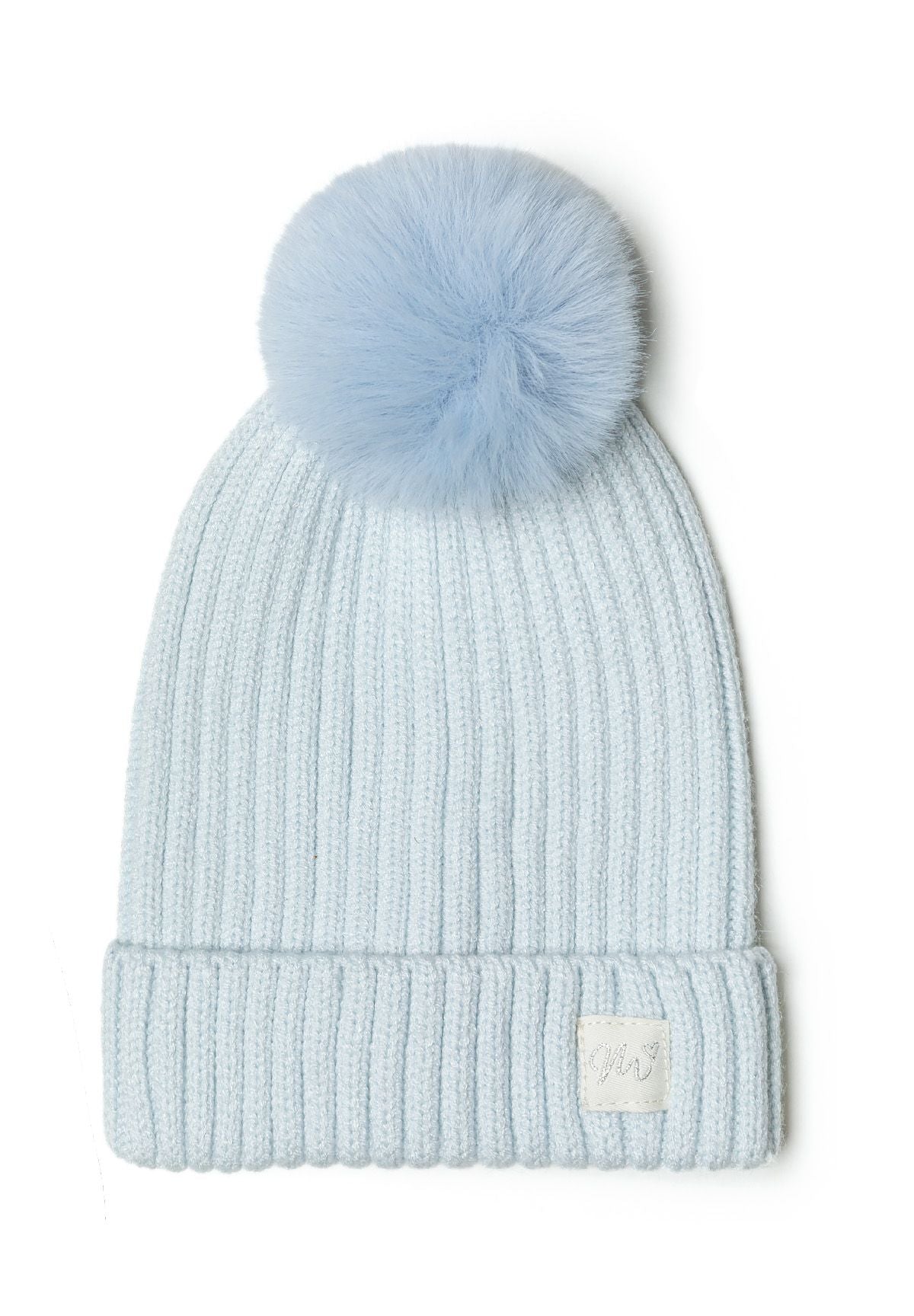 Light blue ribbed bobble hat, front.