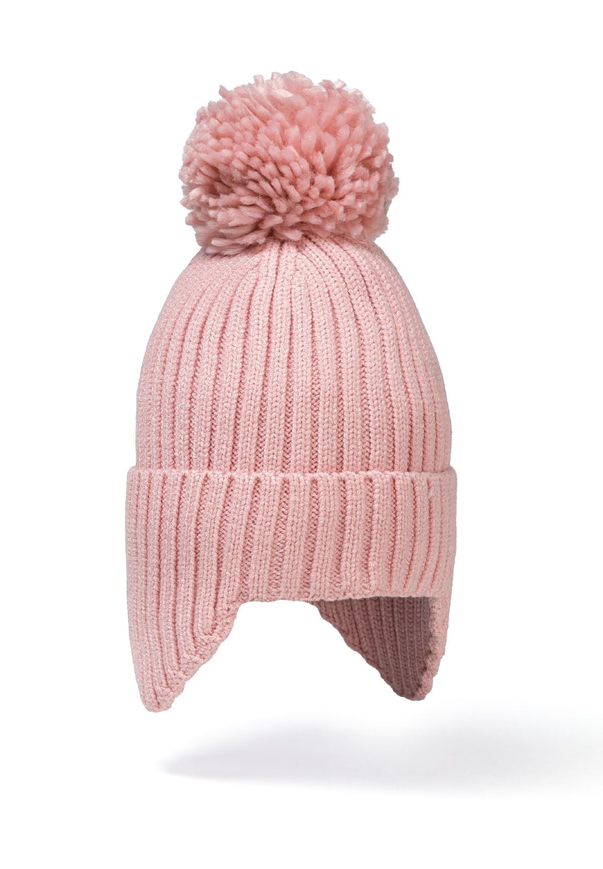 Pink bobble hat with ear flaps, front.