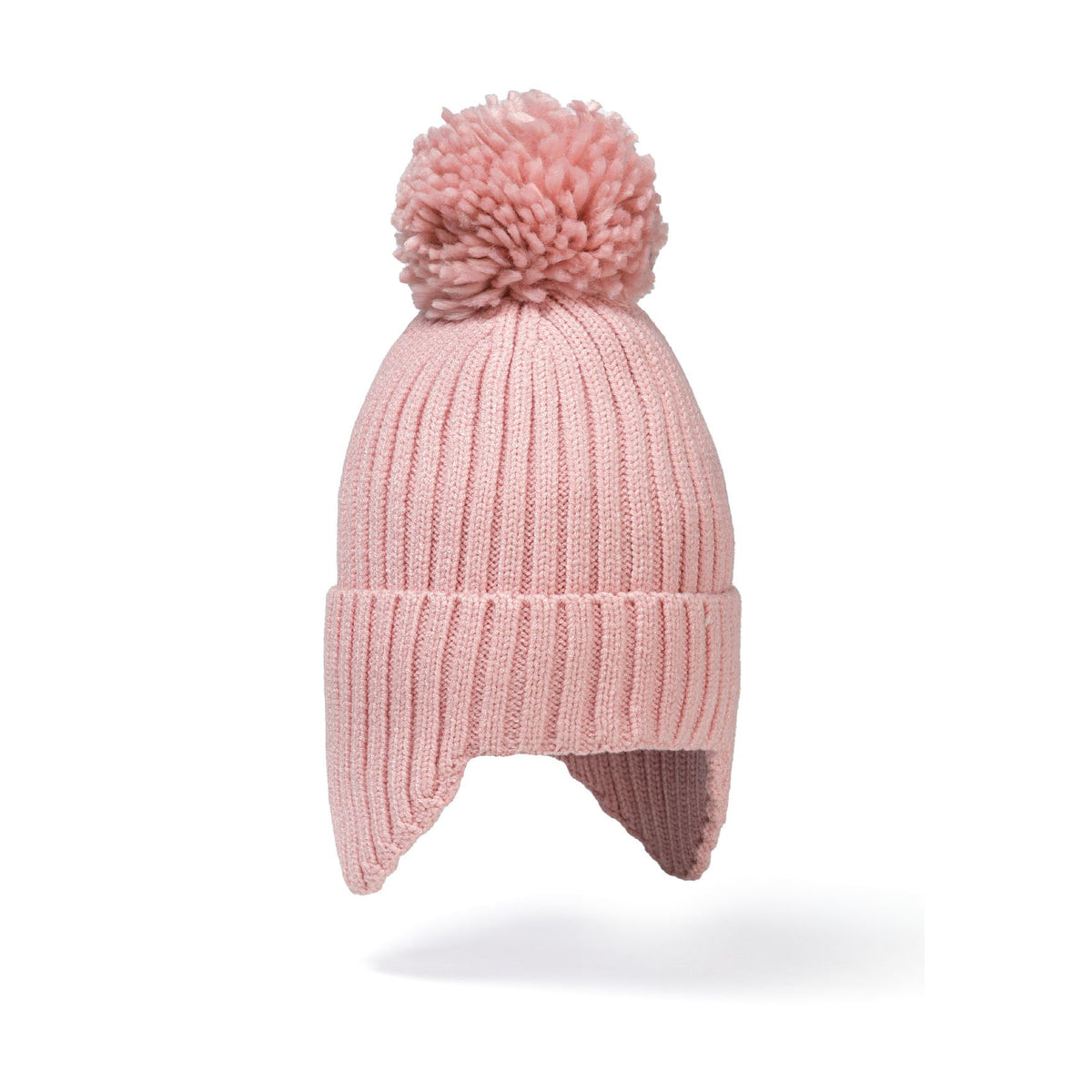 Girls' bobble hat with ear flaps in pink — complete product view for square Shop card