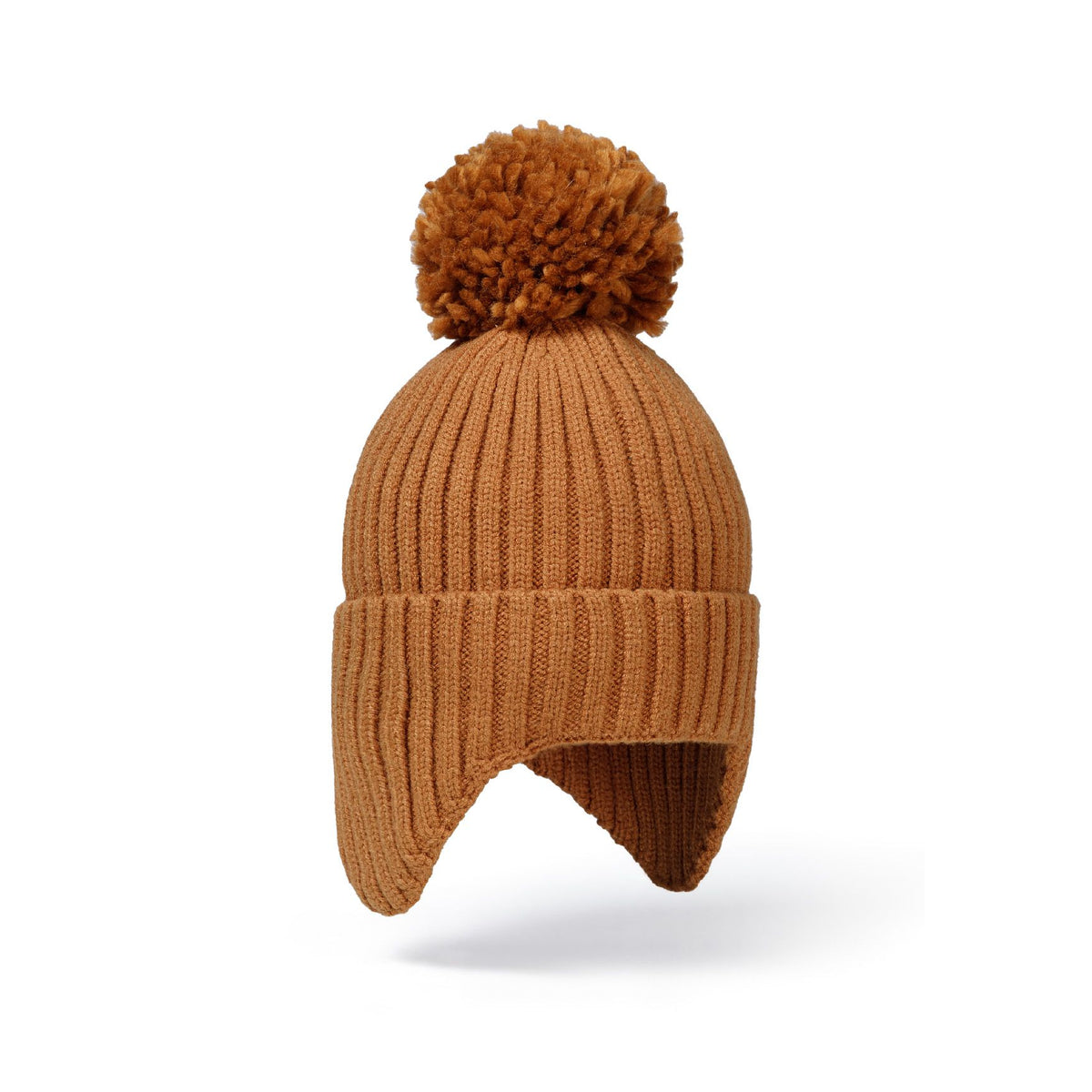 Kids' bobble hat with ear flaps in camel — complete product view for square Shop card