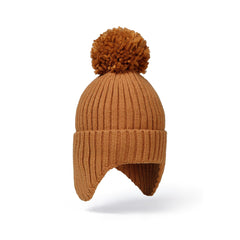 Kids' bobble hat with ear flaps in camel