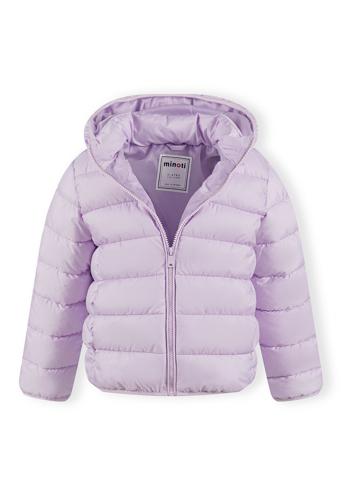 The lilac puffer jacket shown open to reveal the inside.