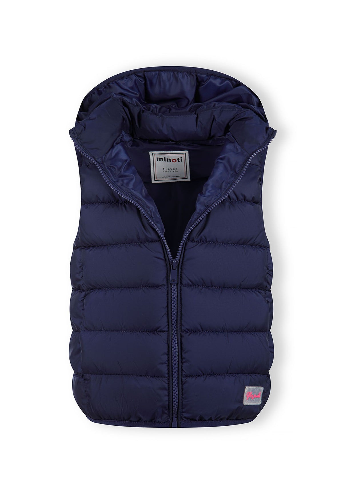 Navy padded gilet, open front.