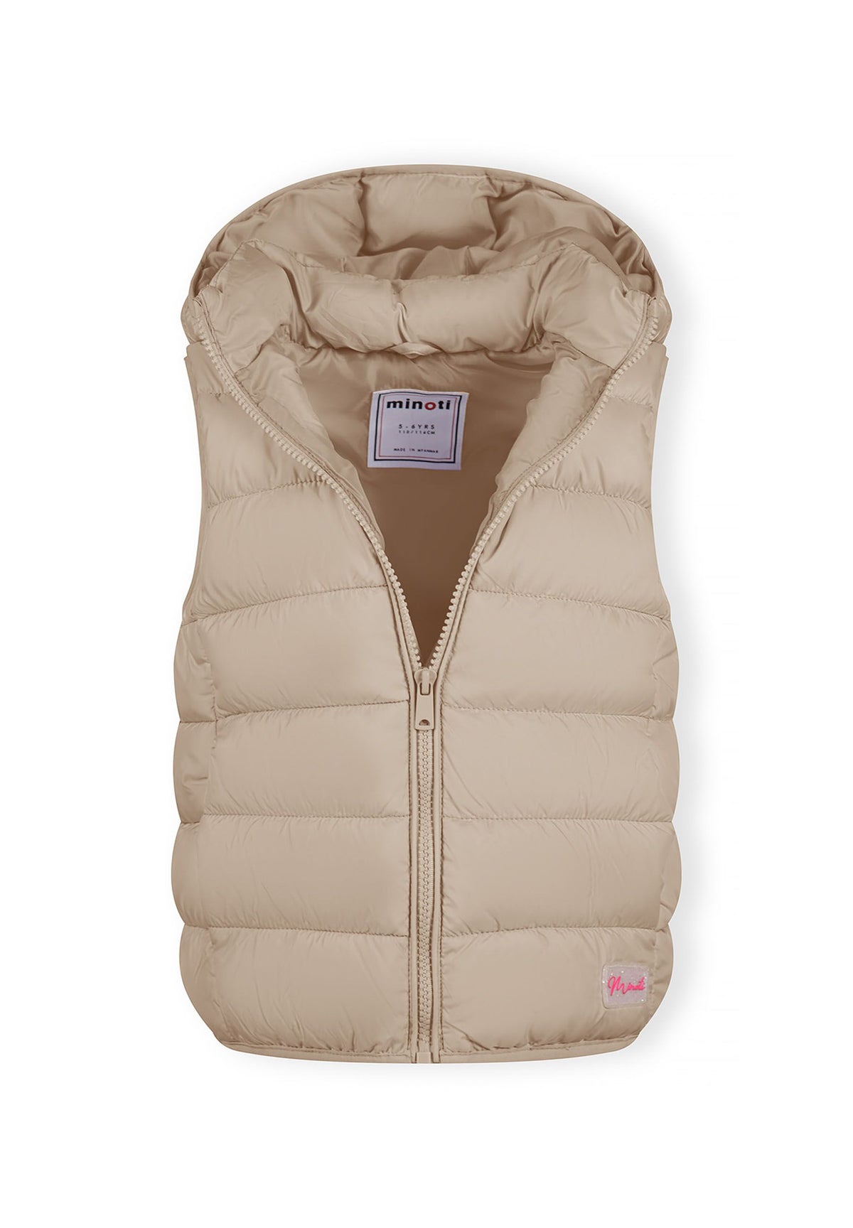 Beige padded gilet, open front.