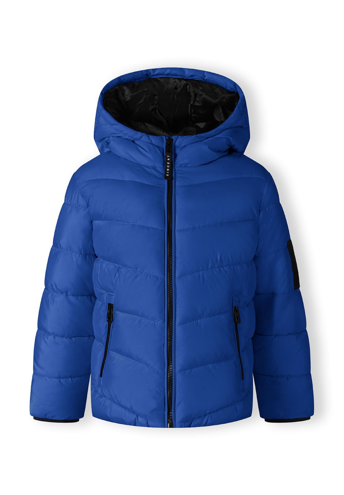 Front of a blue puffer jacket.