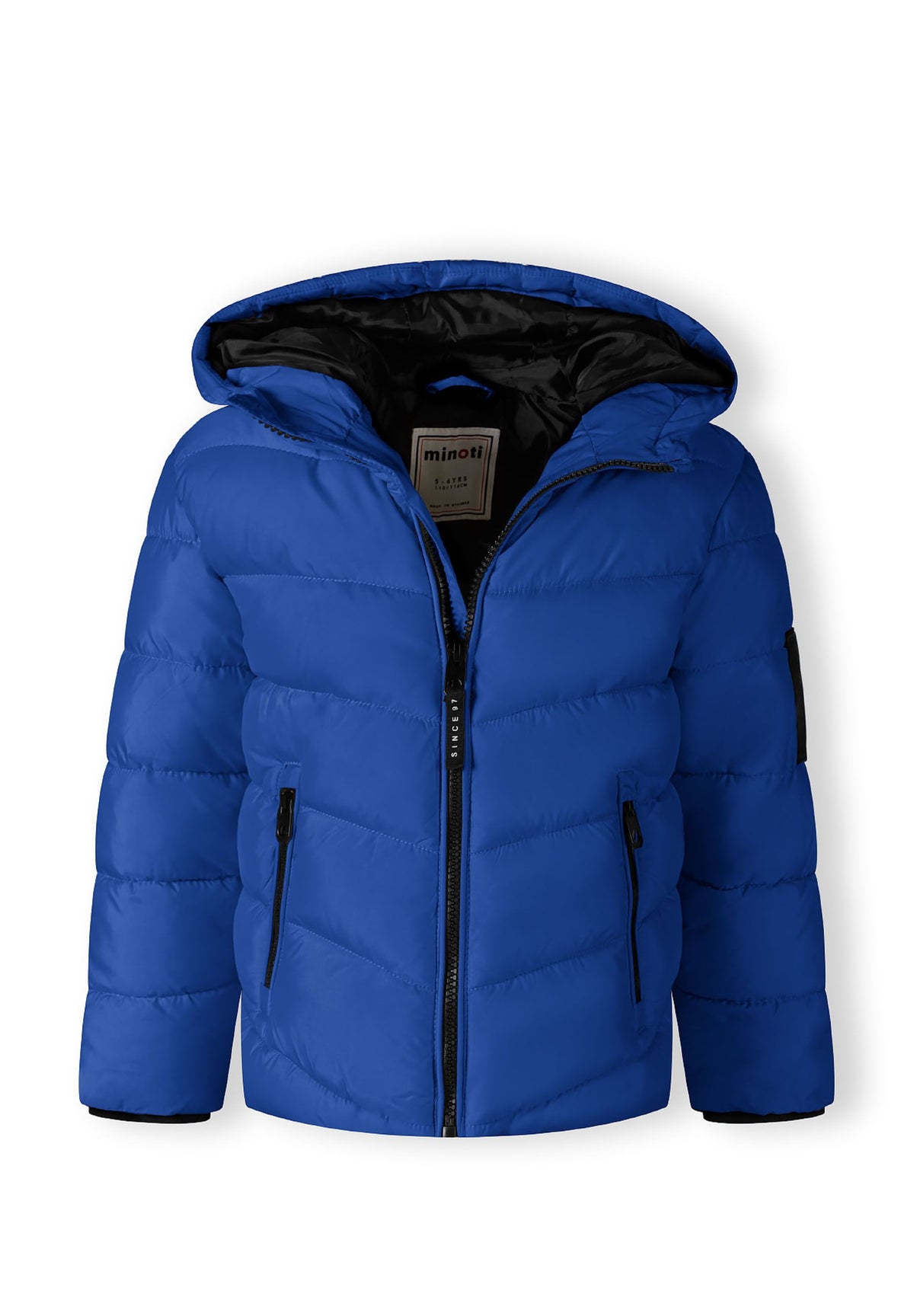 The blue puffer jacket shown open to reveal the inside.