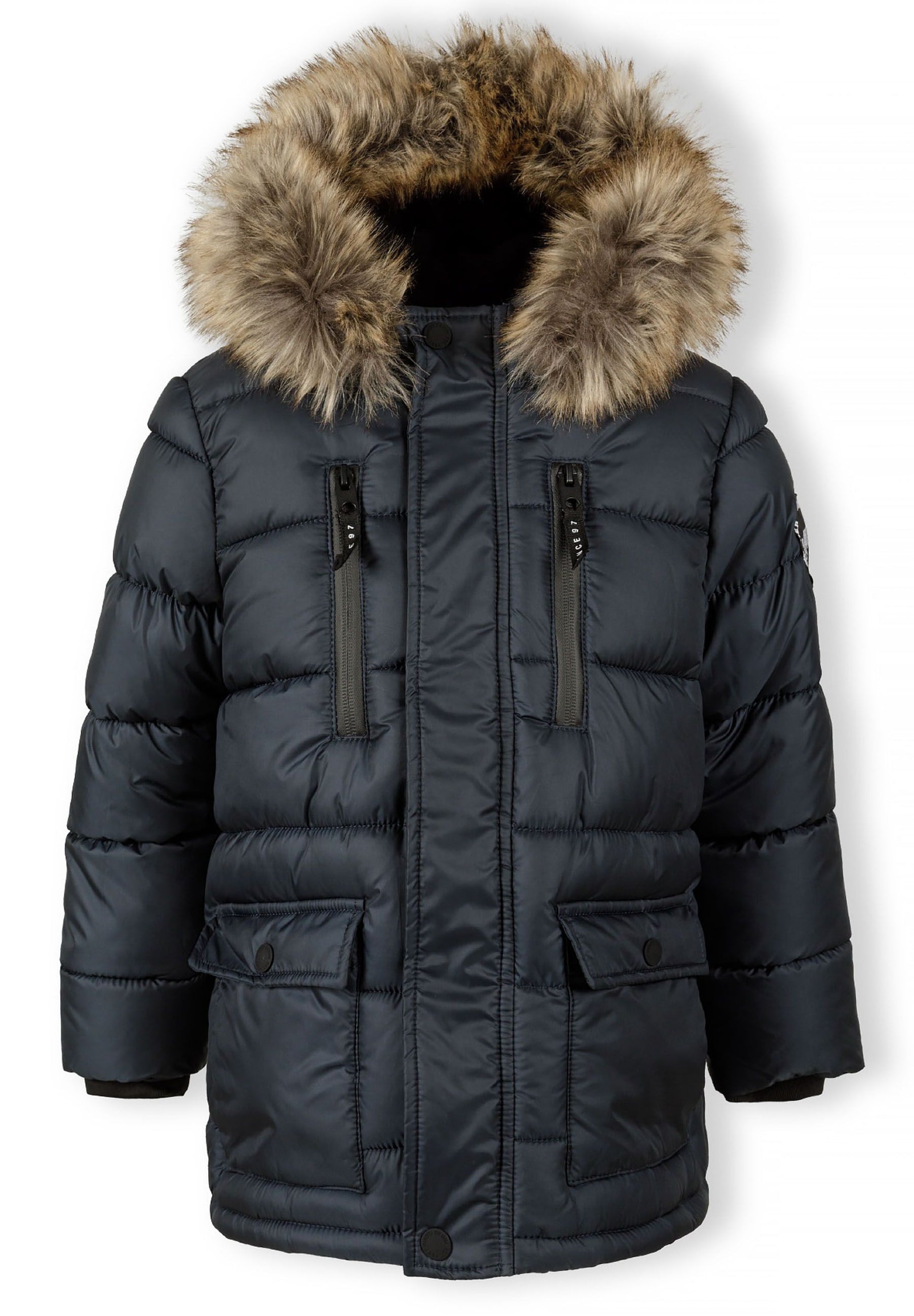 Boys navy jacket with detachable fur hood, front view, features zip closure and side pockets.
