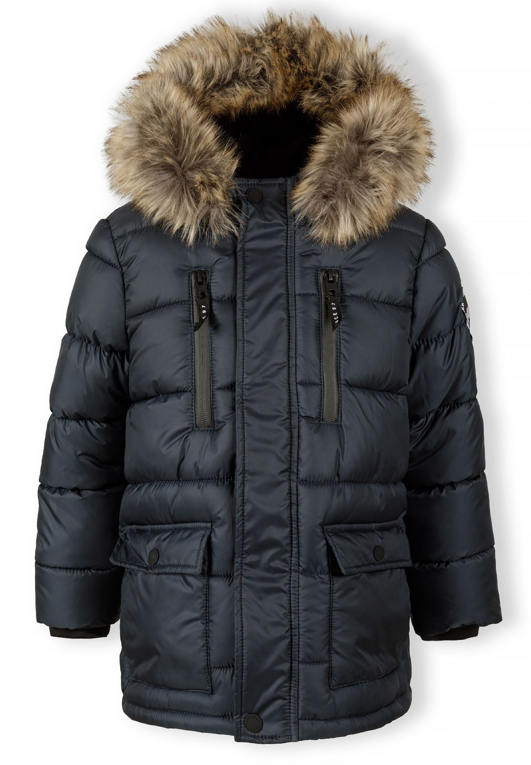 Boys navy jacket with detachable fur hood, front view, features zip closure and side pockets.