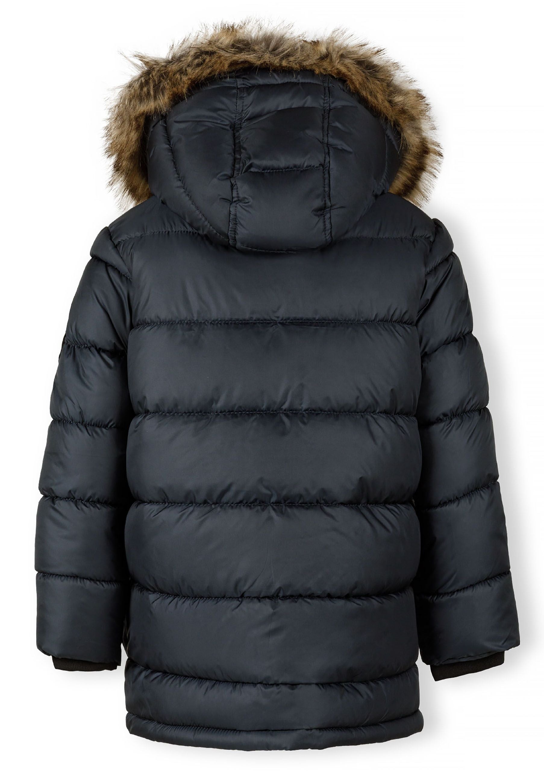 Boys navy jacket with detachable fur hood, back view, featuring quilted design.