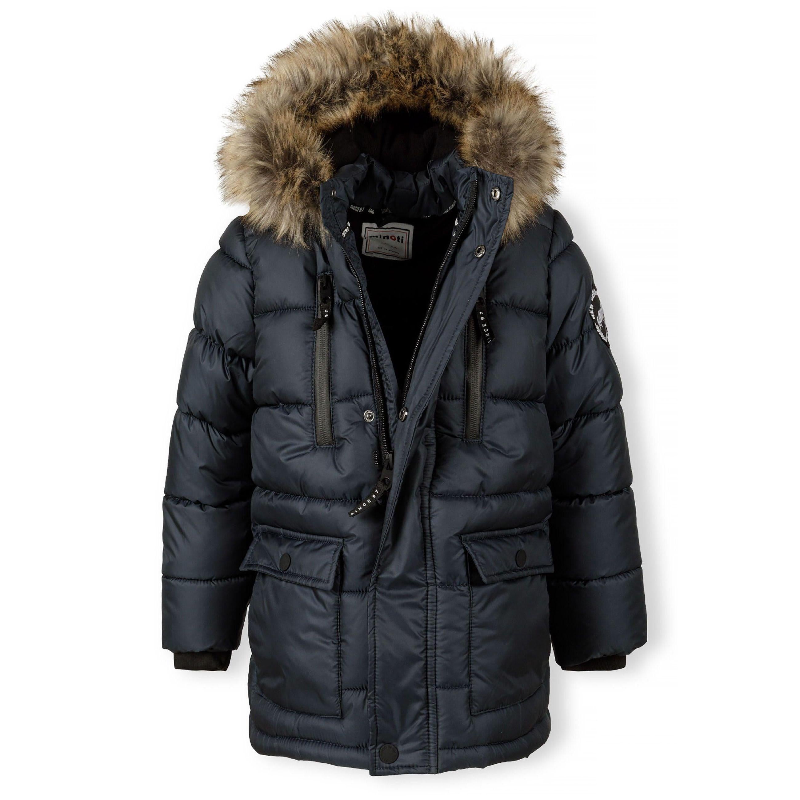 Navy quilted jacket laid flat showing faux fur hood trim, double zip closure and multiple pockets on white background